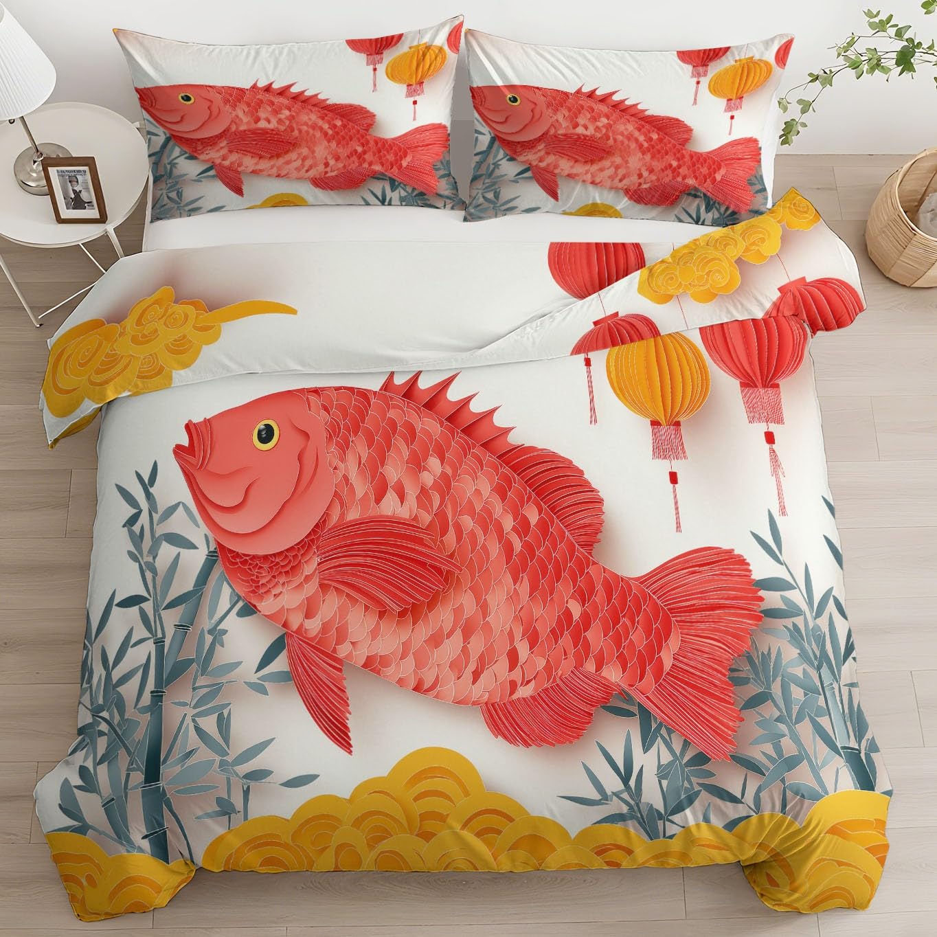 Komplet pościeli 2-osobowej 240 x 220 cm wycinany czerwony papier karpiowy latarnia, wielokolorowa poszwa na kołdrę z miękkiej mikrofibry, odporna na zagniecenia z zamkiem błyskawicznym i 2 poszewkami