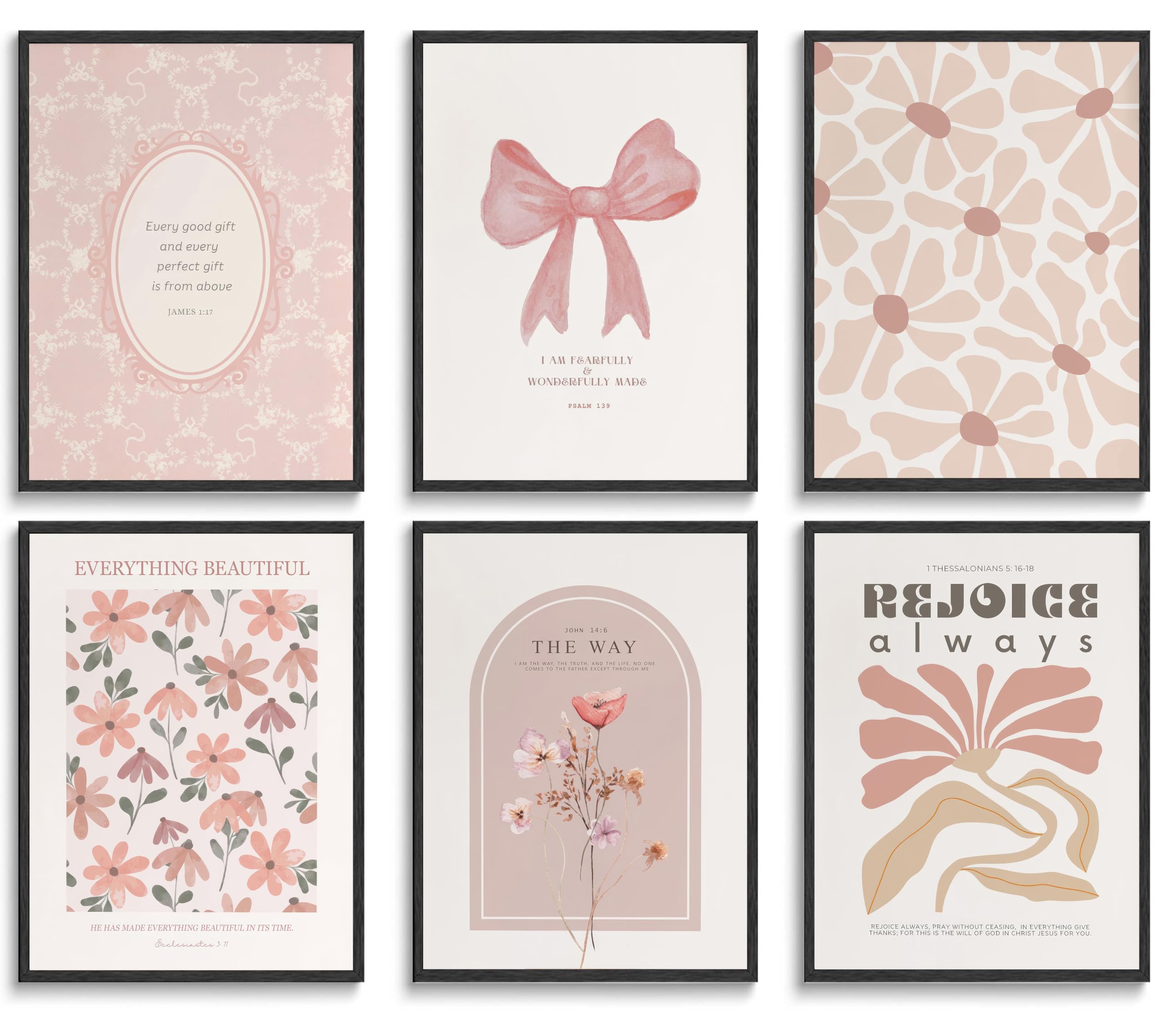 QQG Christian Wall Art Prints Set of 6 Pink Bible Verses Pictures Wall Decor Boho Floral Scripture Gallery Prints Girly Coquette Bow Aesthetic Posters