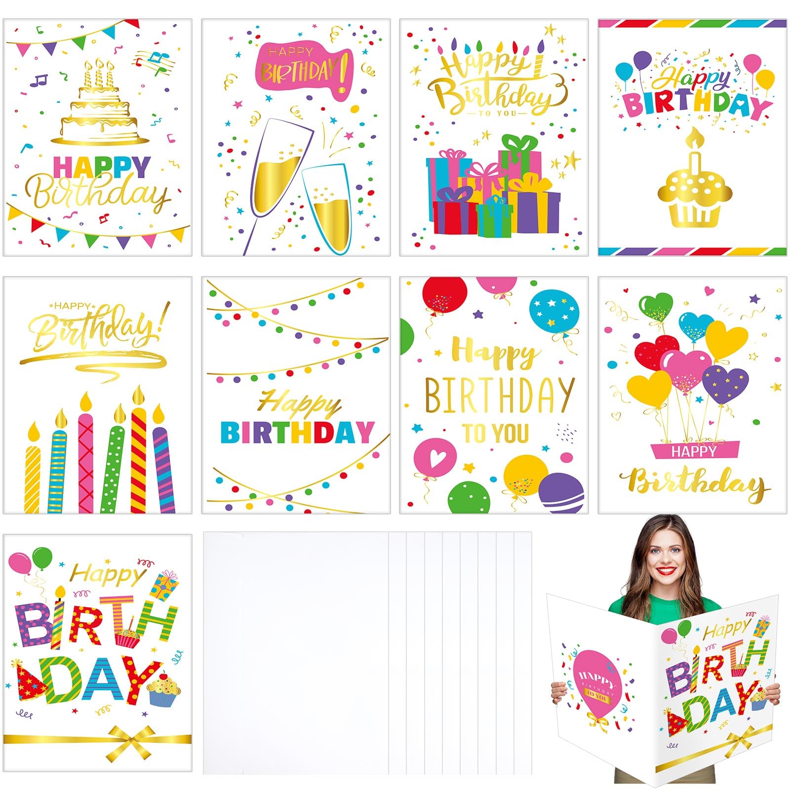 Jetec 9 Sets Giant Birthday Cards with Envelopes, 14x22 Inch Big Jumbo Greeting Cards, Oversize Message Notes, Large Birthday Gift for Friends
