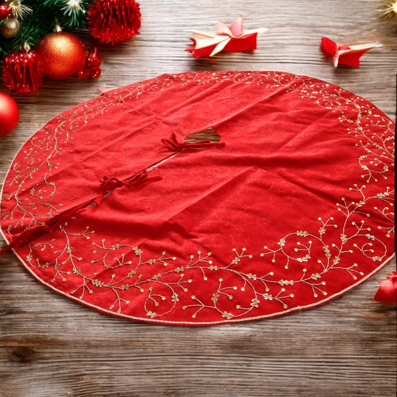 Christmas Tree Skirt, Red Velvet with Gold Hand Embroidered, Traditional Holiday Decor (Red 1)