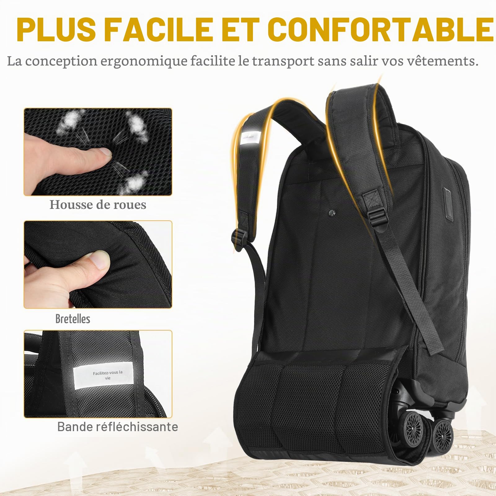 Ponhog Sac à Dos pour Ordinateur Portable 15,6 Pouces avec 4 Roues pivotantes - Résistant à l'eau - pour Le Travail Le Voyage Le Trajet Noir