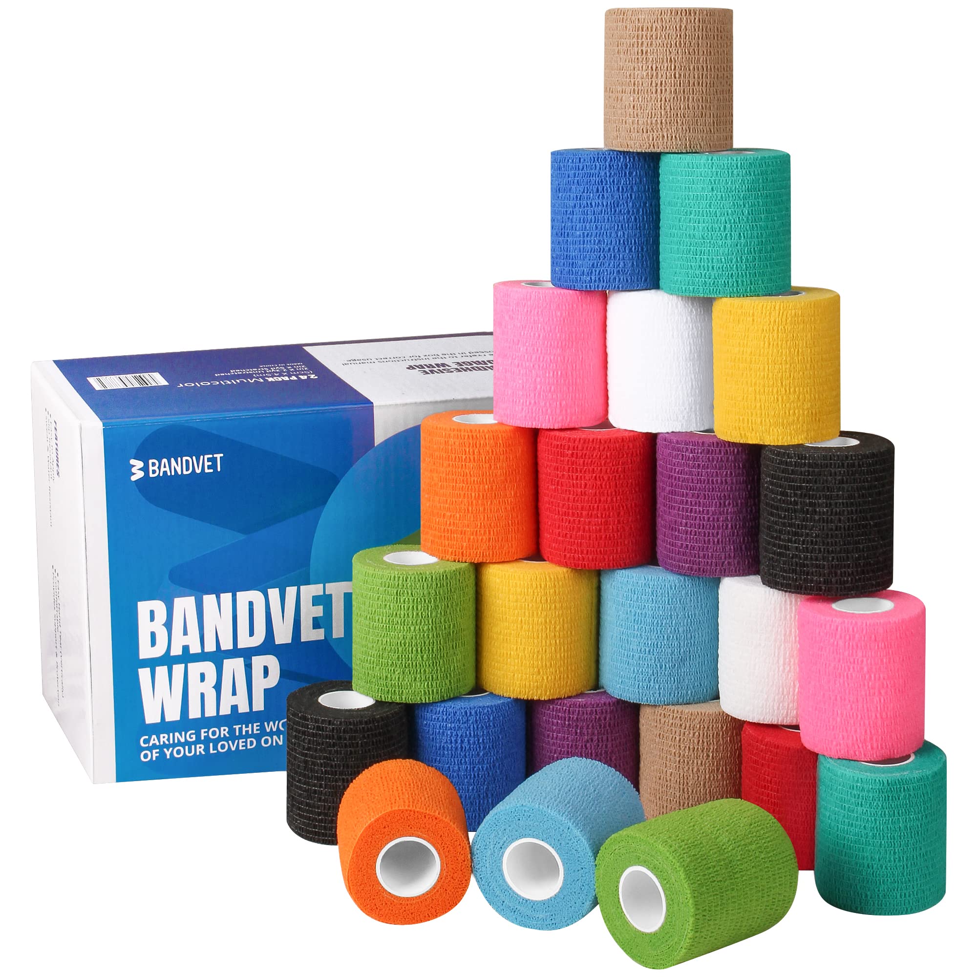 BANDVET WRAP Self Adhesive Bandage Wrap - Pack of 24, Assorted Colors, Non-Woven, Breathable & Water-Resistant Vet Wrap for First Aid, Sports Injury,