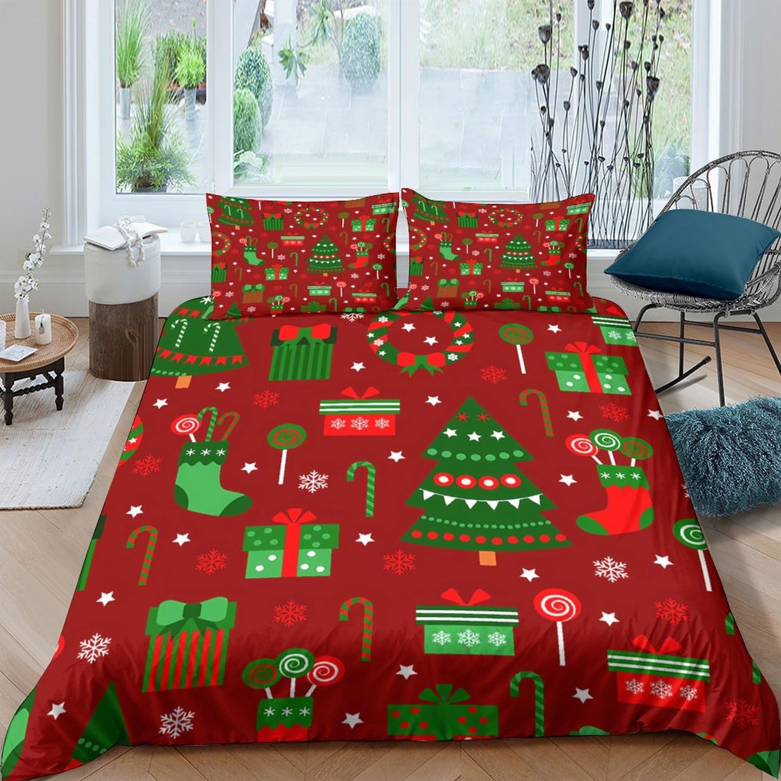 GPLZQXKJNH 3D Printed Christmas Tree Duvet Cover Microfiber Red Green Bedding Set with 2 Pillowcases for Bedroom Décor Single（135x200cm）