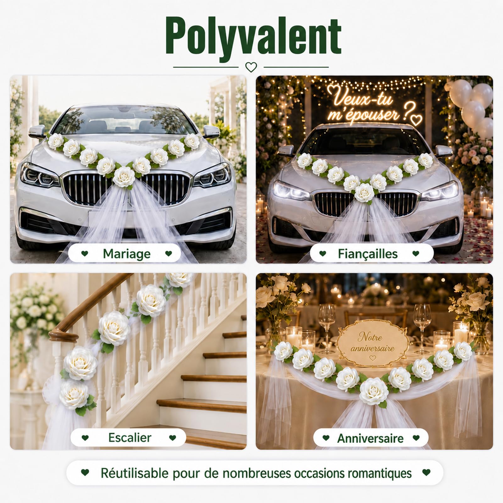 Décoration de voiture de mariage – Lot de 9 roses blanches avec ventouse, faciles à installer, réutilisables – Parfait pour mariage, demande en mariage, anniversaire de mariage