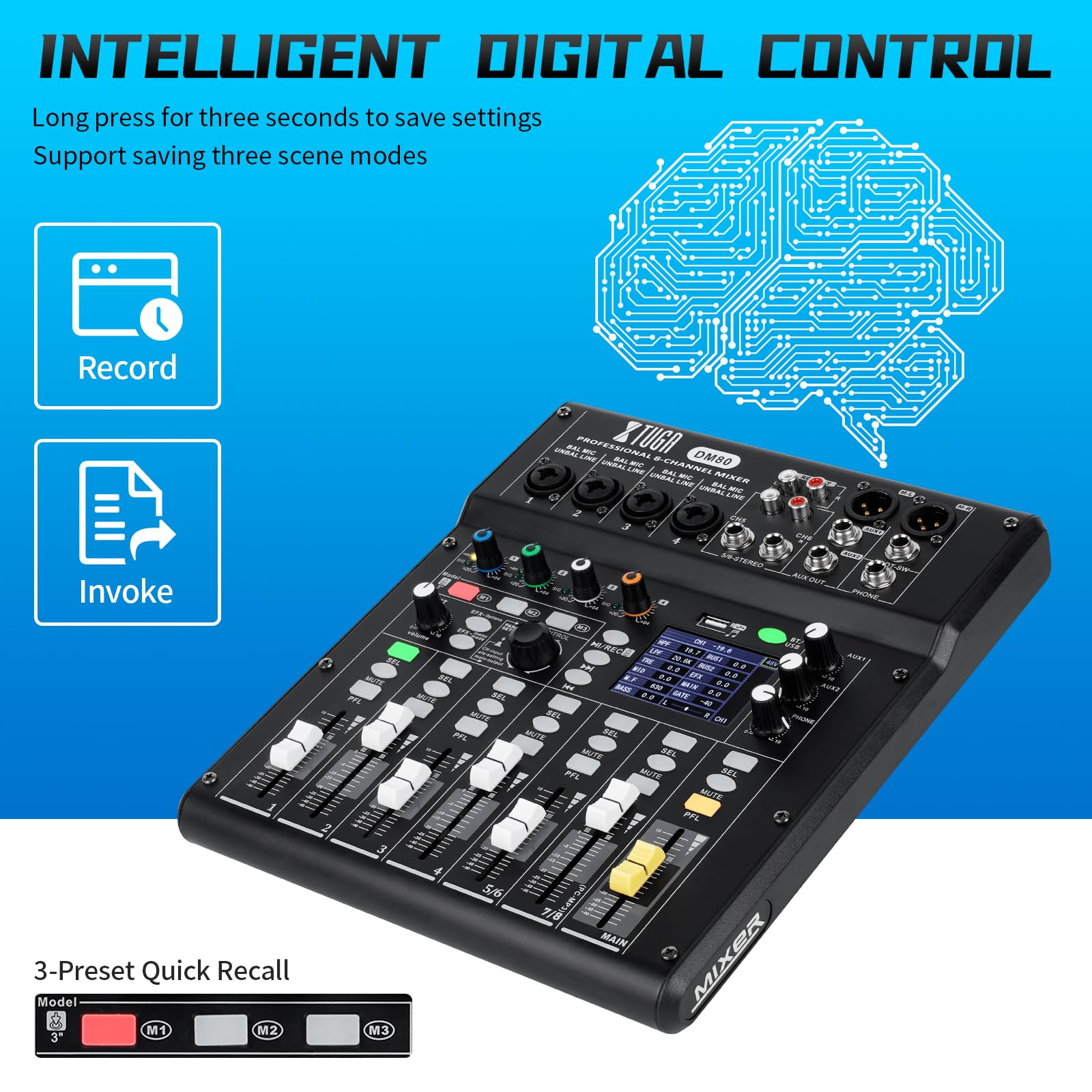 XTUGA Mixer digitale a 8 canali, multitraccia con mixer alimentato (DM80) | Qualità da studio, 24 bit/48 kHz, mixer DJ per live streaming/home studio/produzione musicale/podcast