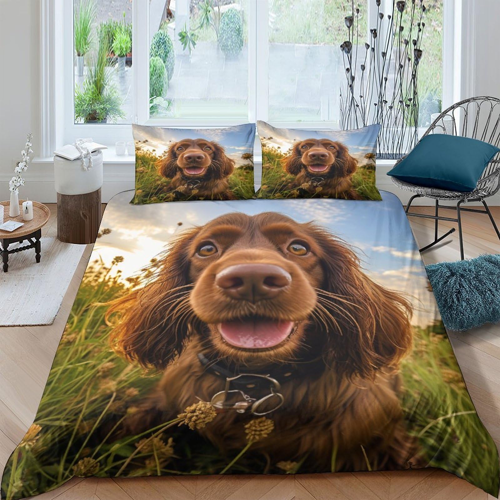 Housse de couette douce anti acarien pour grand lit motif chien pastoral