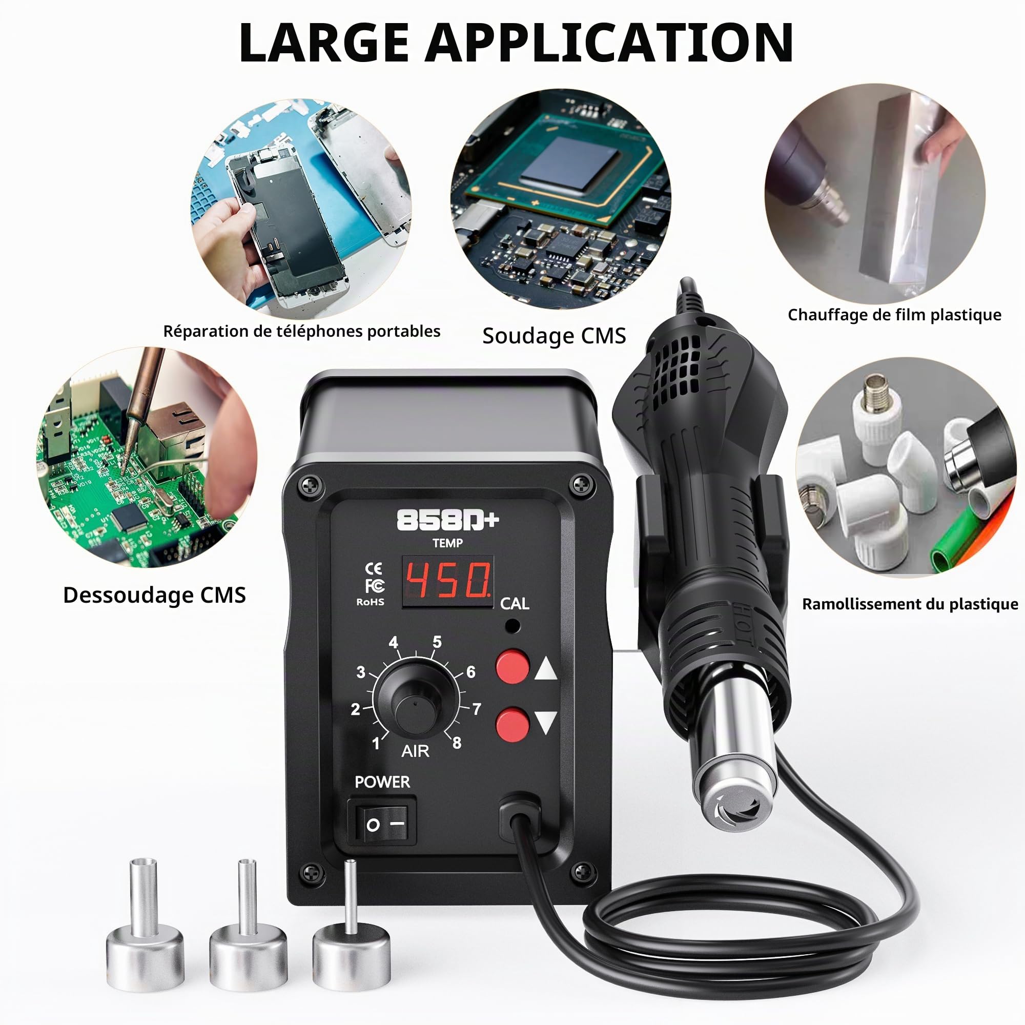 Station de Soudage à Air Chaud 700 W, Station De Soudage à Air Chaud 858D Avec Écran LED, 3 Buses, Température Réglable De 100 à 450 °C, Station De Dessoudage SMD Pour Bricolage, Réparations