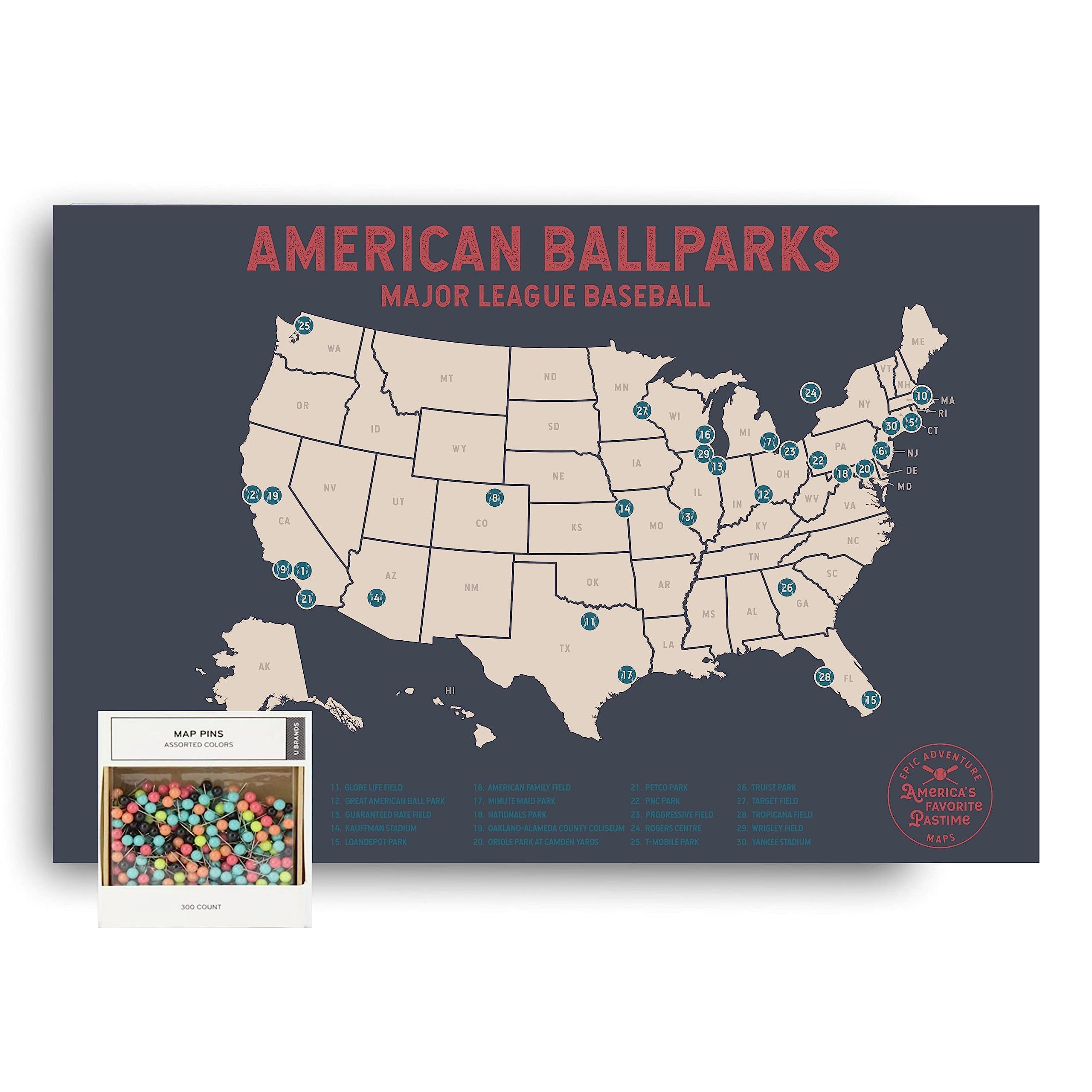 Epic Adventure Maps Major League Baseball Print + Pushpins - Mark your travels to your favorite MLB baseball stadiums - Travel Sized Pushpin Print Sports Decor - Great Gift for Dad or Graduation Gift