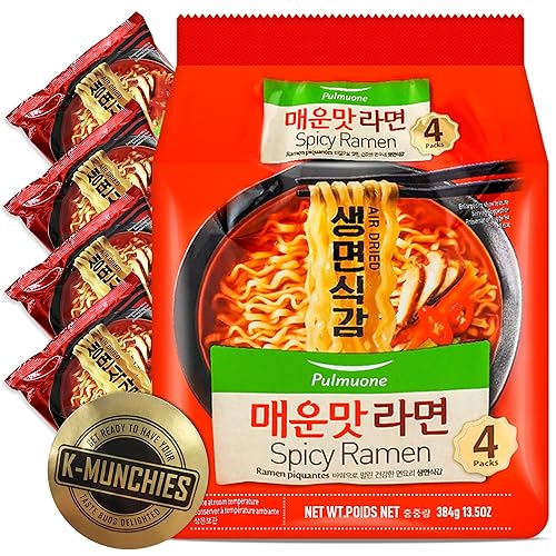 Pulmuone - Fideos coreanos Ramyun no fritos, paquete de 4 fideos instantáneos coreanos sabor picante, fácil de cocinar, auténtico ramen coreano con