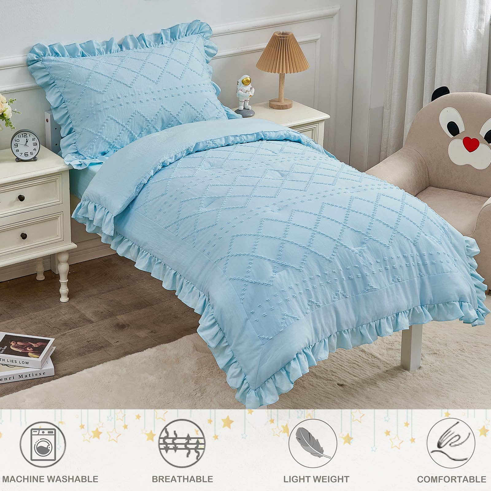 Juego de ropa de cama bohemio de 4 piezas para niñas, juego de sábanas con volantes azules, juego de sábanas de cuna bordado jacquard suave para bebé, incluye edredón, sábana encimera, sábana bajera,