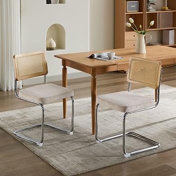 Mid-Century Modern Dining Chairs Set of 2, Velvet Accent Chair with Natural Cane Back & Stainless Chrome Base, Breuer Designed Cantilever Chairs, Upholstered Rattan Kitchen Chair Beige-01