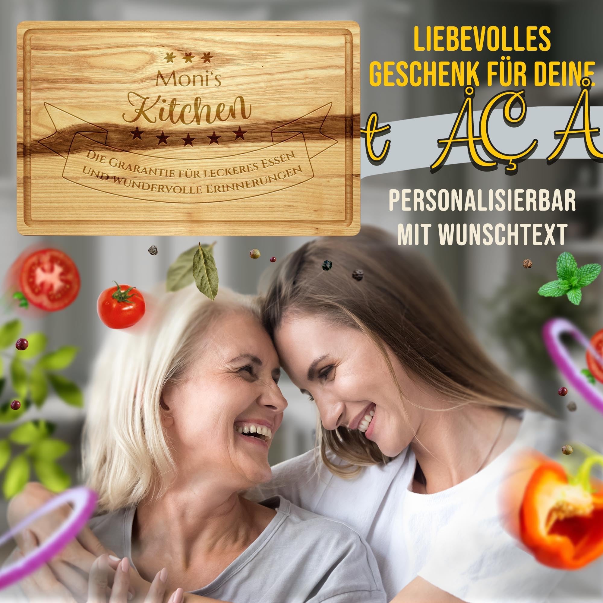 PR Print Royal Großes Holzbrett mit Gravur - Küche für leckeres Essen - mit Name - Personalisiertes Geschenk für Hobbyköche Geburtstag, Muttertag - Schneidebrett Eschenholz, 40 x 25 x 2 cm