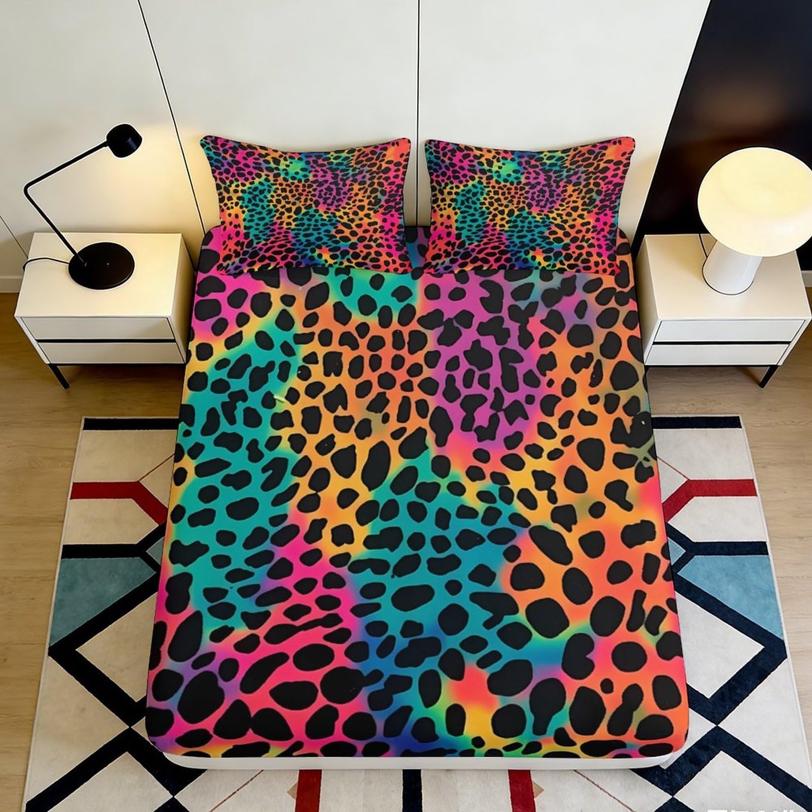 3D Printed Rainbow Leopard Pattern Fitted Sheet Microfiber Soft Anti-Slip Mattress Cover for Bedroom Dorm Room Decor 140x200x25cm