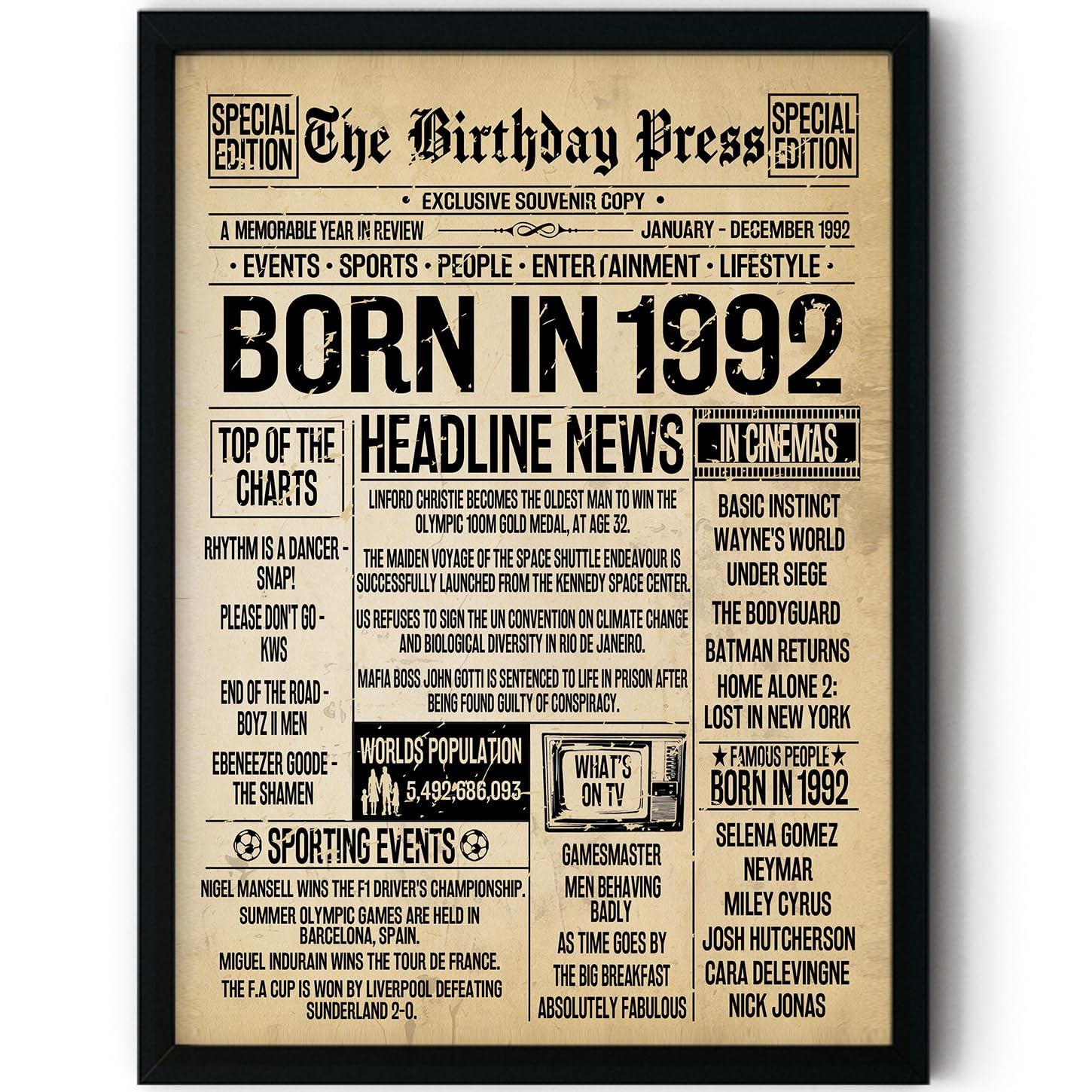 Stuff4 Women's 1992 34Th Birthday Poster Framed, Born In Vintage Newspaper