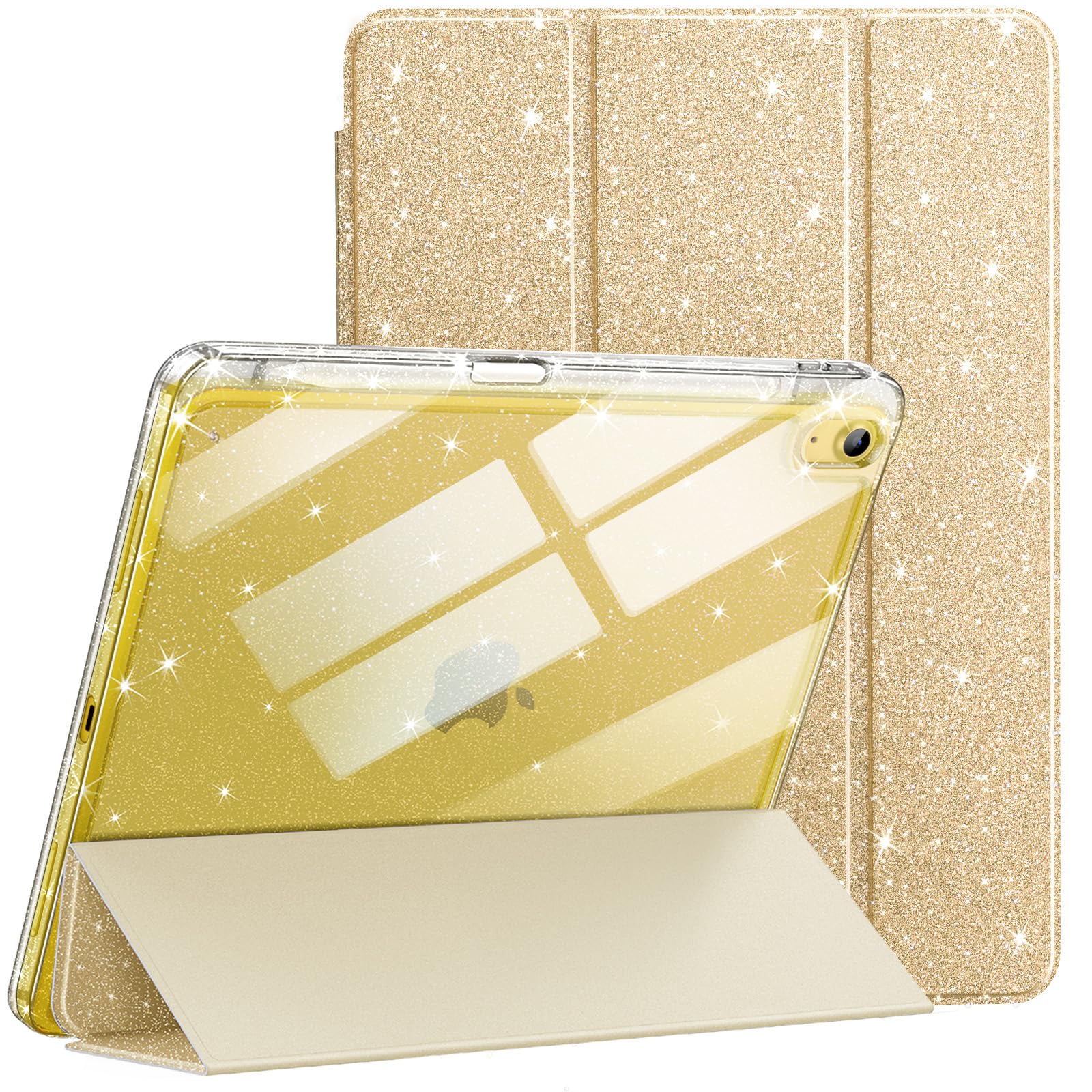 JETech Glitter Case for iPad (A16) 11th/10th Generation (2025/2022) with Pencil Holder, Cute Sparkly Slim Cover for Kids and Girls, Shiny Clear Back Shell (Gold)