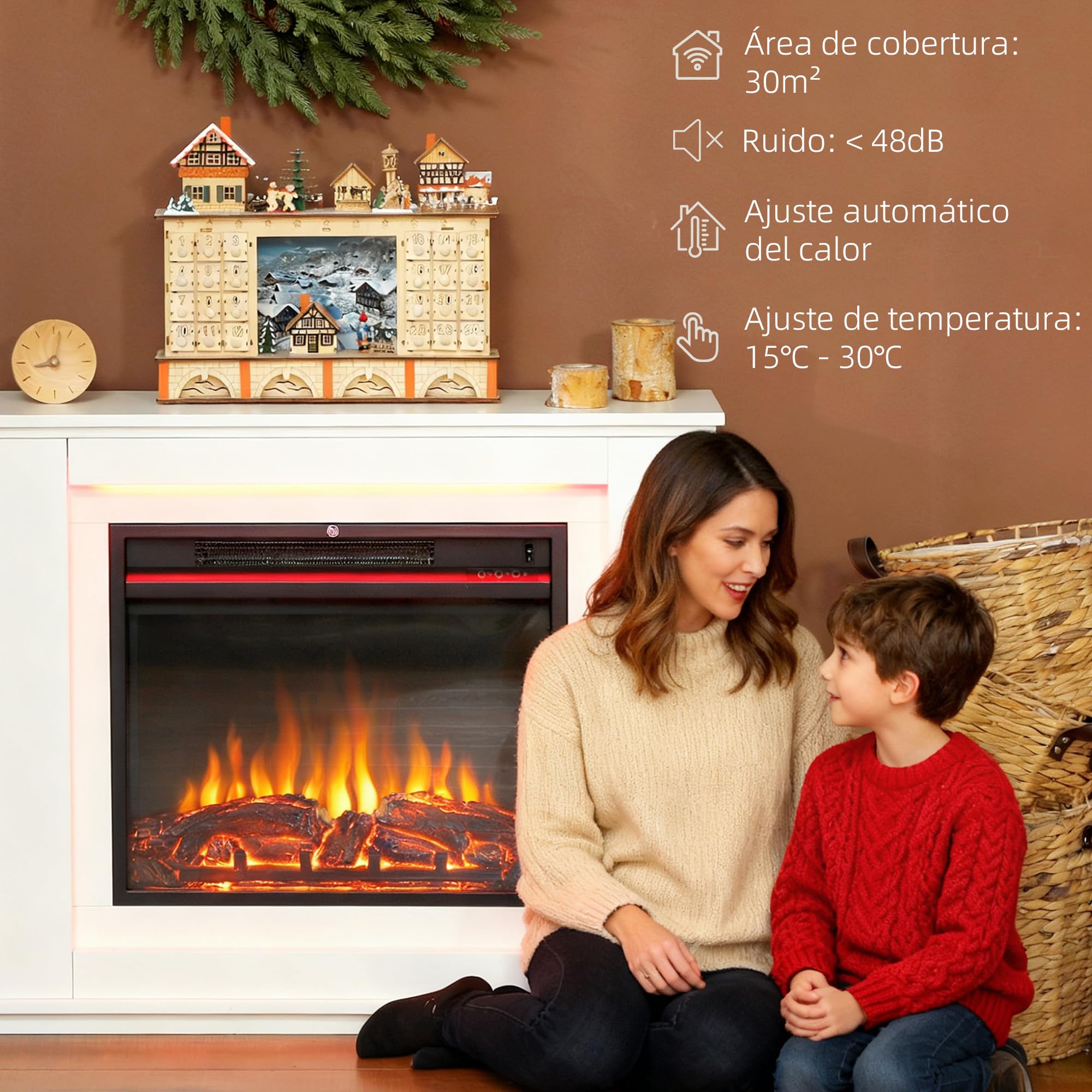 HOMCOM Chimenea Eléctrica con Efecto de Llama 1000/2000W para 30 ㎡ Blanco