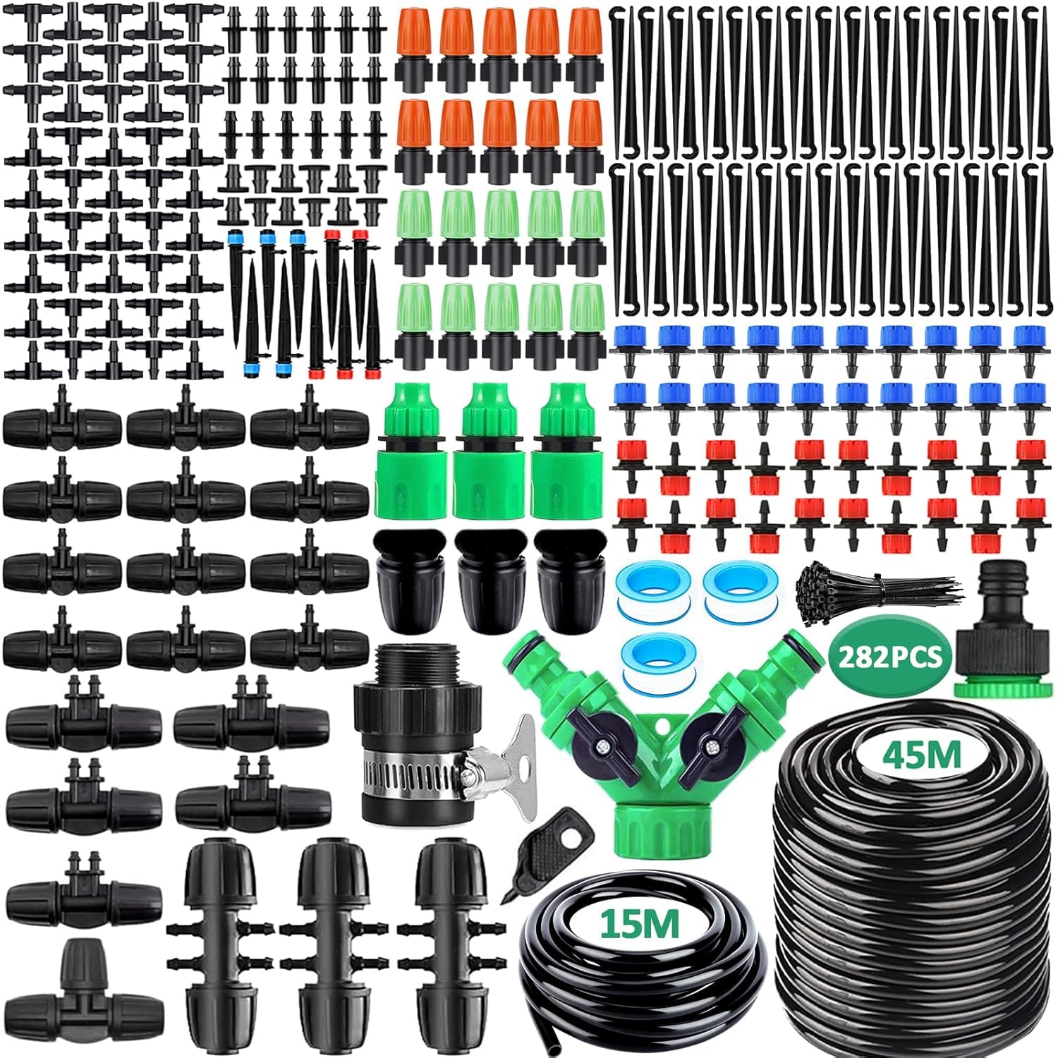 281PCS Sistema de Riego por Goteo, 45M+15M Kit Riego por Goteo, Micro Riego Sistema de Riego Automático con Ajustable Boquilla y Gotero, Sistema de Riego Jardín para Maceta, Huerto, Terraza