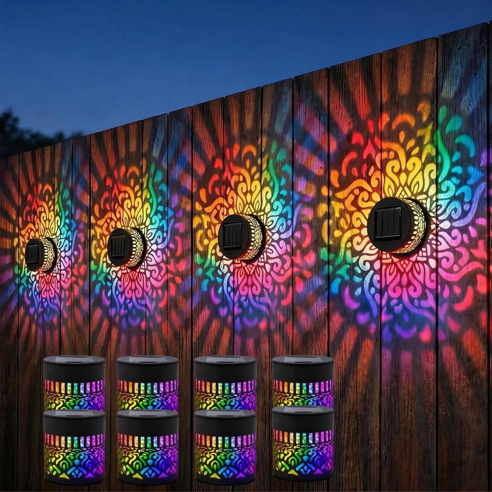 Syzplnwy 8pack Solar Mandala Wall Lights, 7-Color Changing Outdoor Decorative Projection Lamp, Waterproof Metal Fence Light for Yard Garden Patio Backyard Post