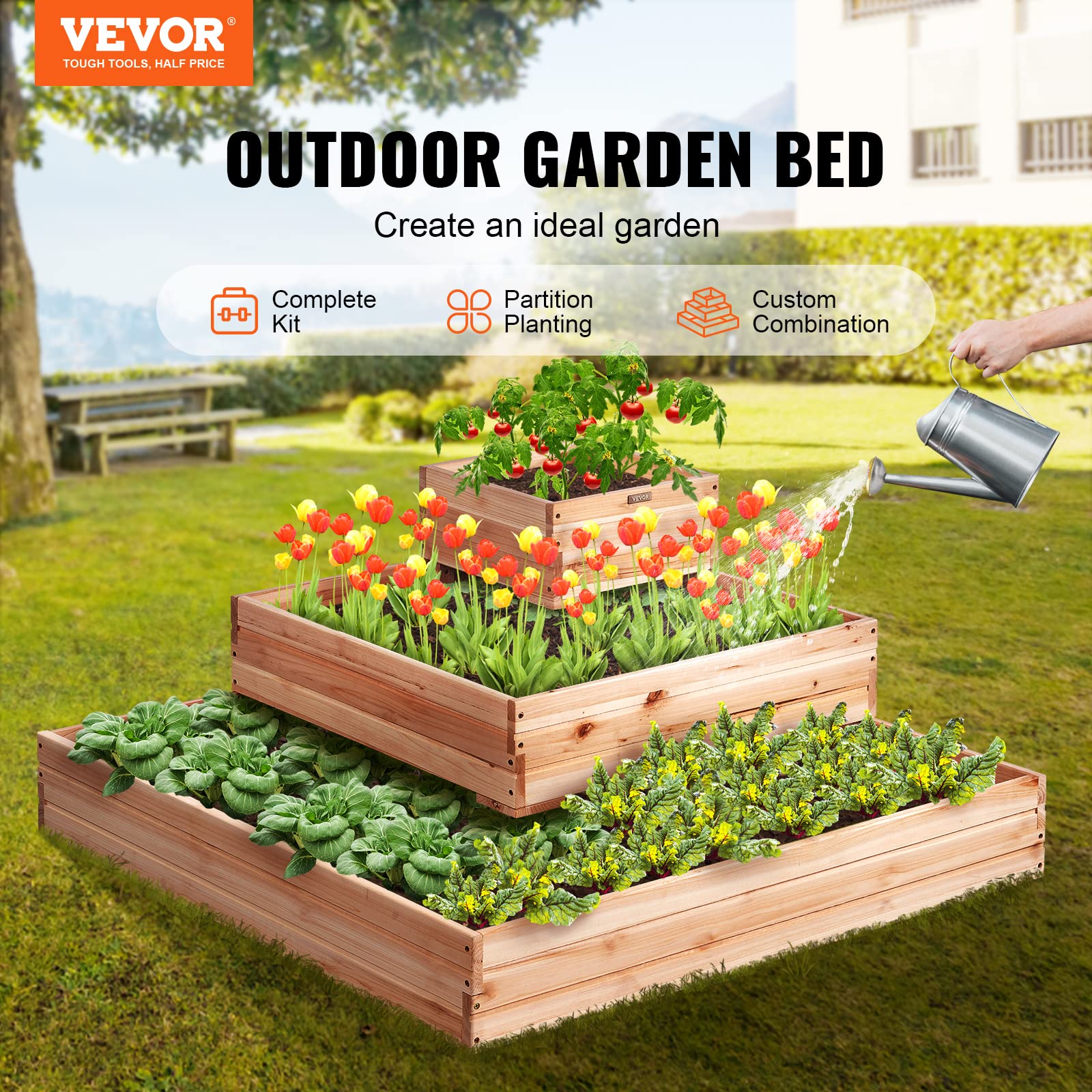VEVOR Bloembak, verhoogd tuinbed van dennenhout, 113 x 113 x 51 cm, plantenbak voor het kweken van bloemen, planten, kruiden, vetplanten in tuin, terras, terras, balkon, houtkleur