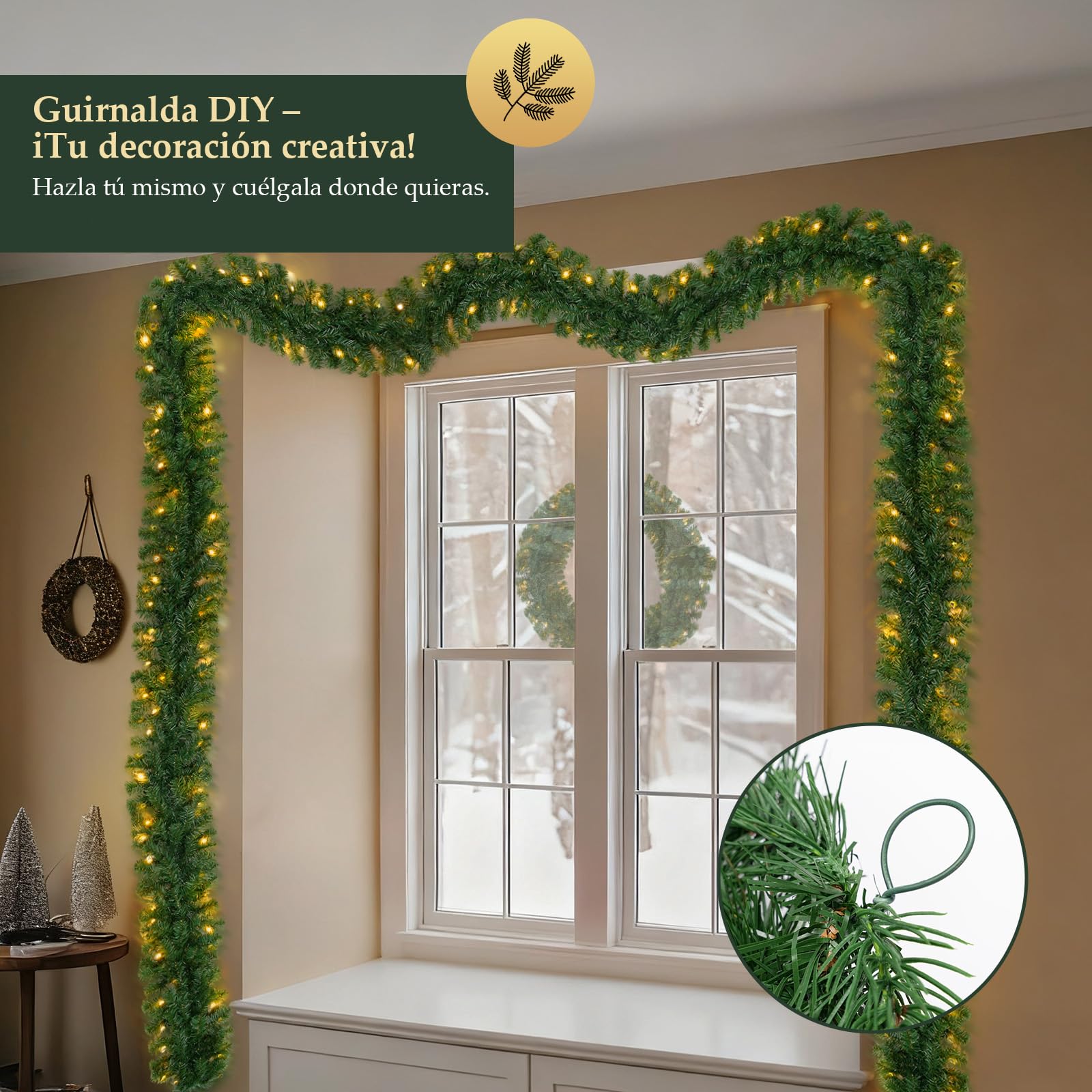 SALCAR Guirnalda de Navidad Verde 5m con 200 Luces LED, Guirnalda de Abeto Decorativa para Chimeneas, Escaleras y Puertas