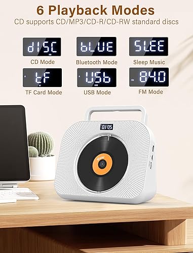 Miniatura 2 de Reproductor de CD portátil con reproductor de CD de escritorio Bluetooth para el hogar con altavoces duales, mango, reproductor de CD Boombox con