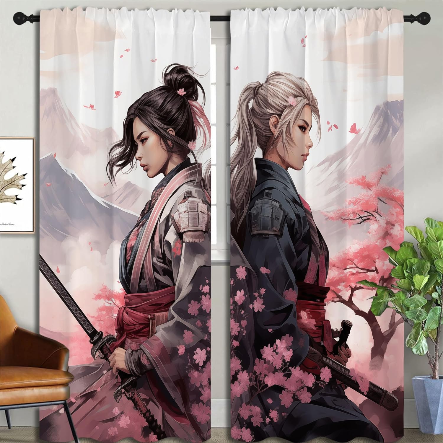 Japanese Anime Blackout Curtains for Boys Girl Bedroom Decor,Cherry Blossom Female Samurail Thermal Insulated Rod Pocket Drapes Darkening Window Curtain for Living Room Home 84x72 inch