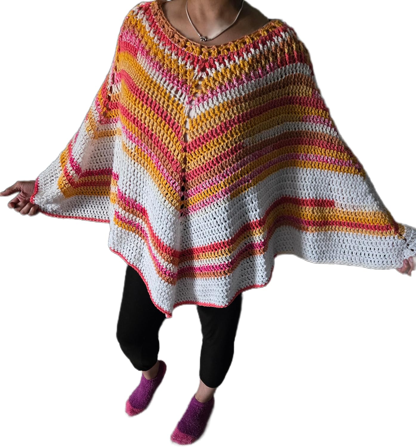 Handmade Crochet Poncho, Pink, Yellow and White Striped Pattern M/L Size