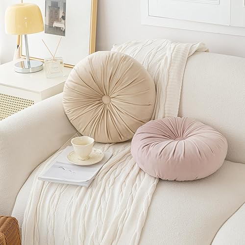 Miniatura 6 de Almohada redonda de terciopelo de color liso, almohada de piso de calabaza, decoración del hogar, cojín redondo plisado para sofá, silla, cama y