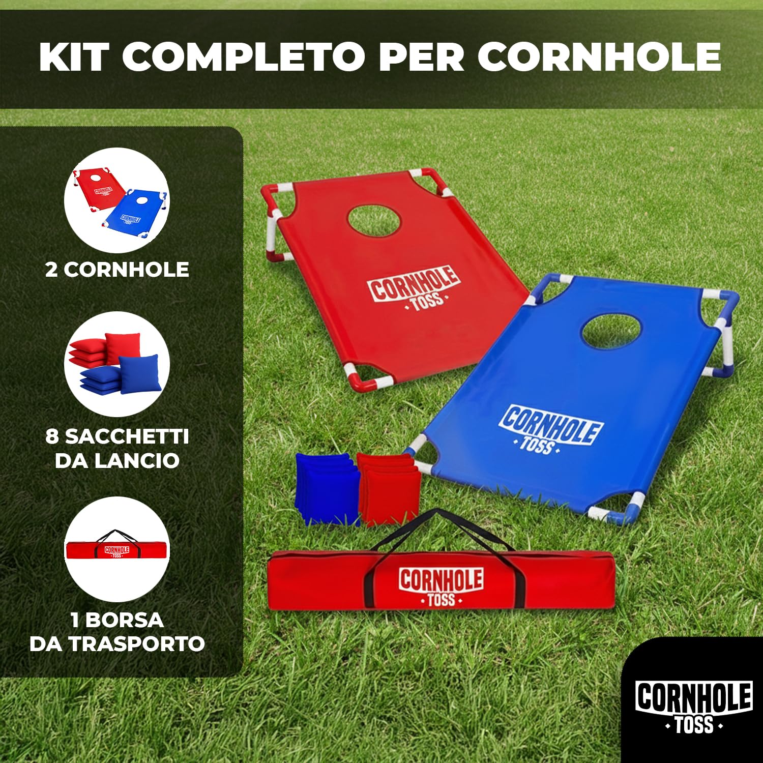 Cornhole Toss – Leggero e Pieghevole in Tessuto 90×60 cm – Set con 2 Tavole + 8 Sacchetti + Borsa da Trasporto – Gioco da Esterno per Adulti – Original Corner