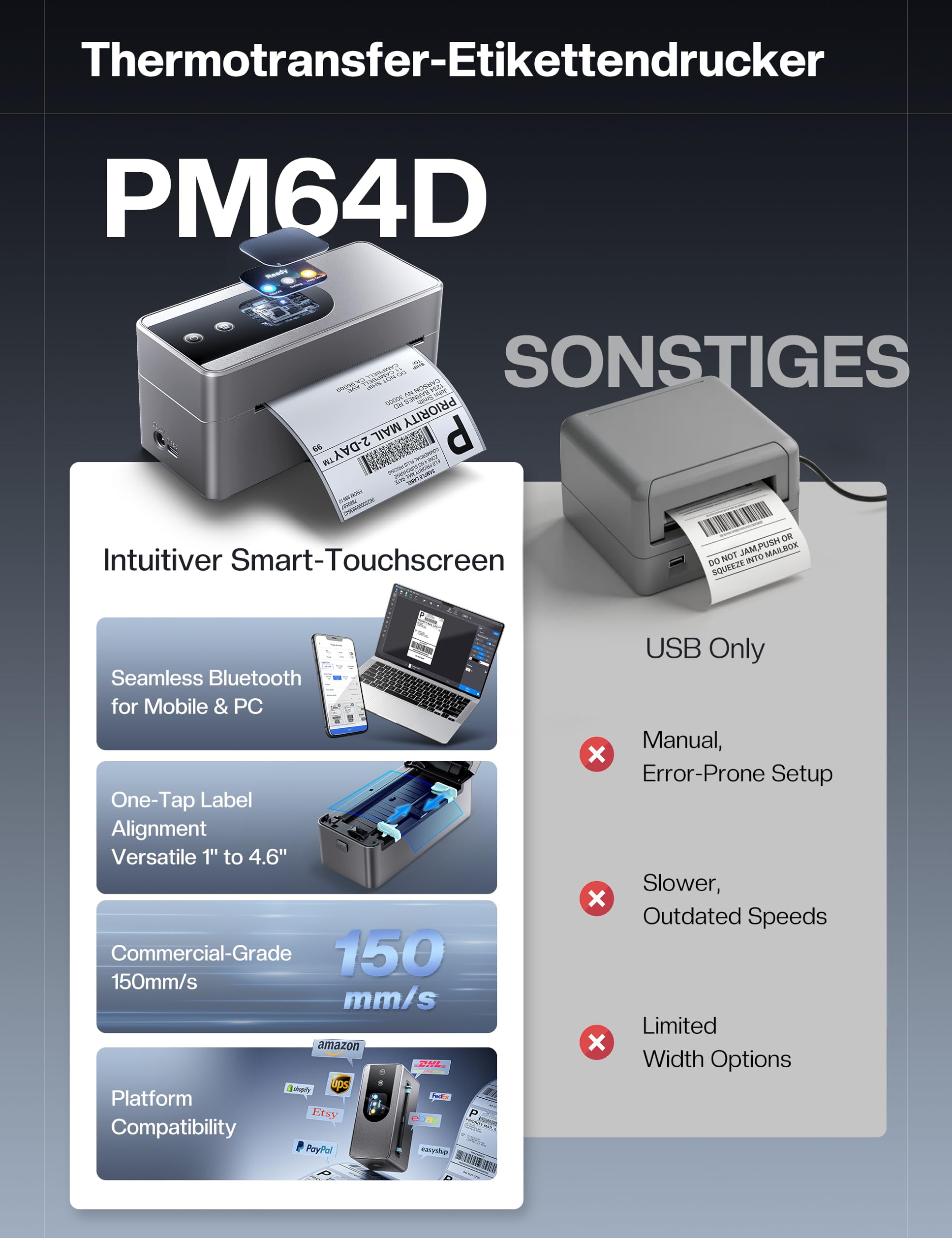 Phomemo Touchscreen Versandetiketten Drucker, PM64D Bluetooth Label Printer | Etikettendrucker DHL, Labeldrucker 4x6, Thermodrucker für Barcode, Kompatibel mit Amazon, Vinted, DHL, DPD, UPS, FedEx, Grau