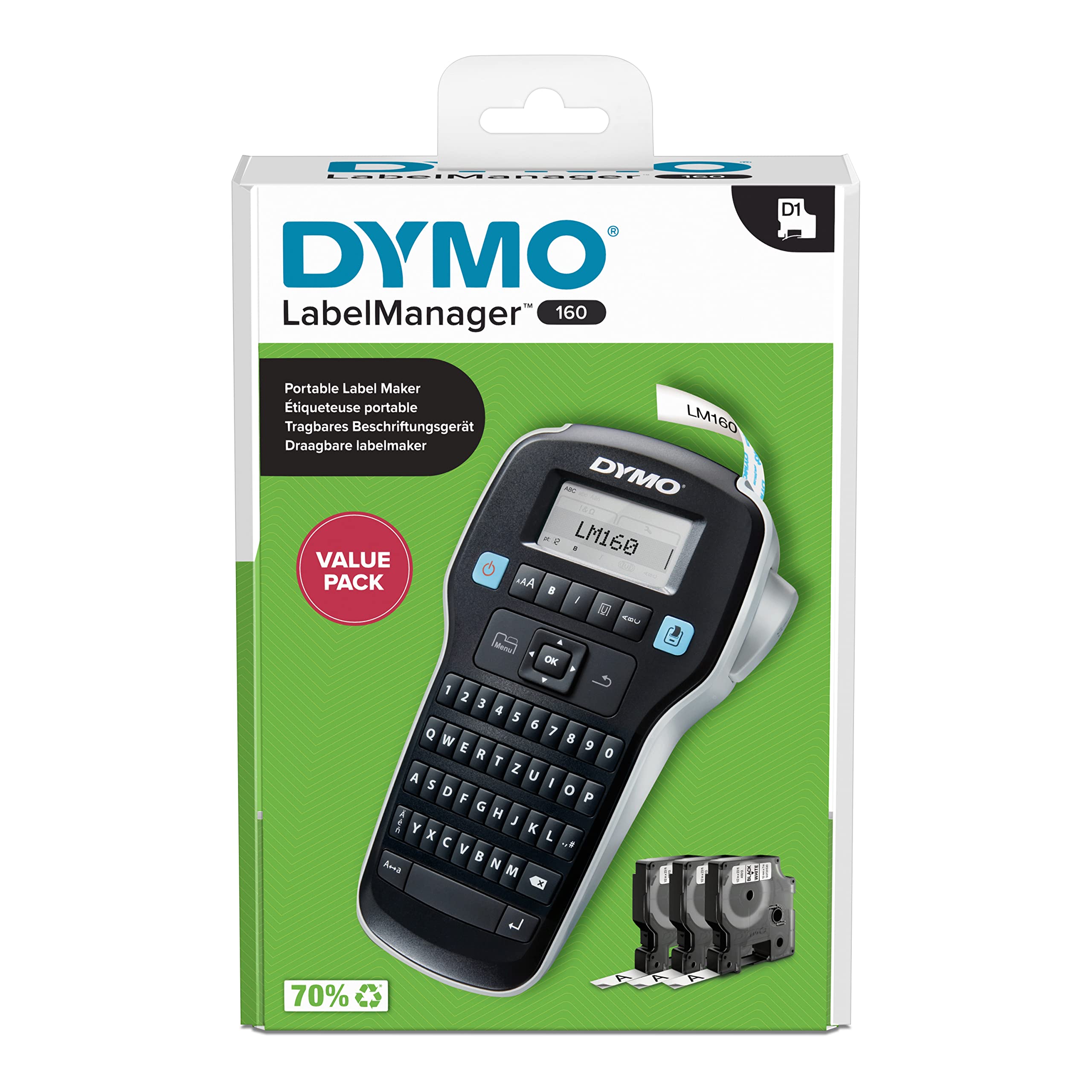 DYMO Labelmanager 160 Value Pack Beschriftungsger?t Geeignet f?r Schriftband: D1 12 mm, 9 mm, 6 mm (2181012)