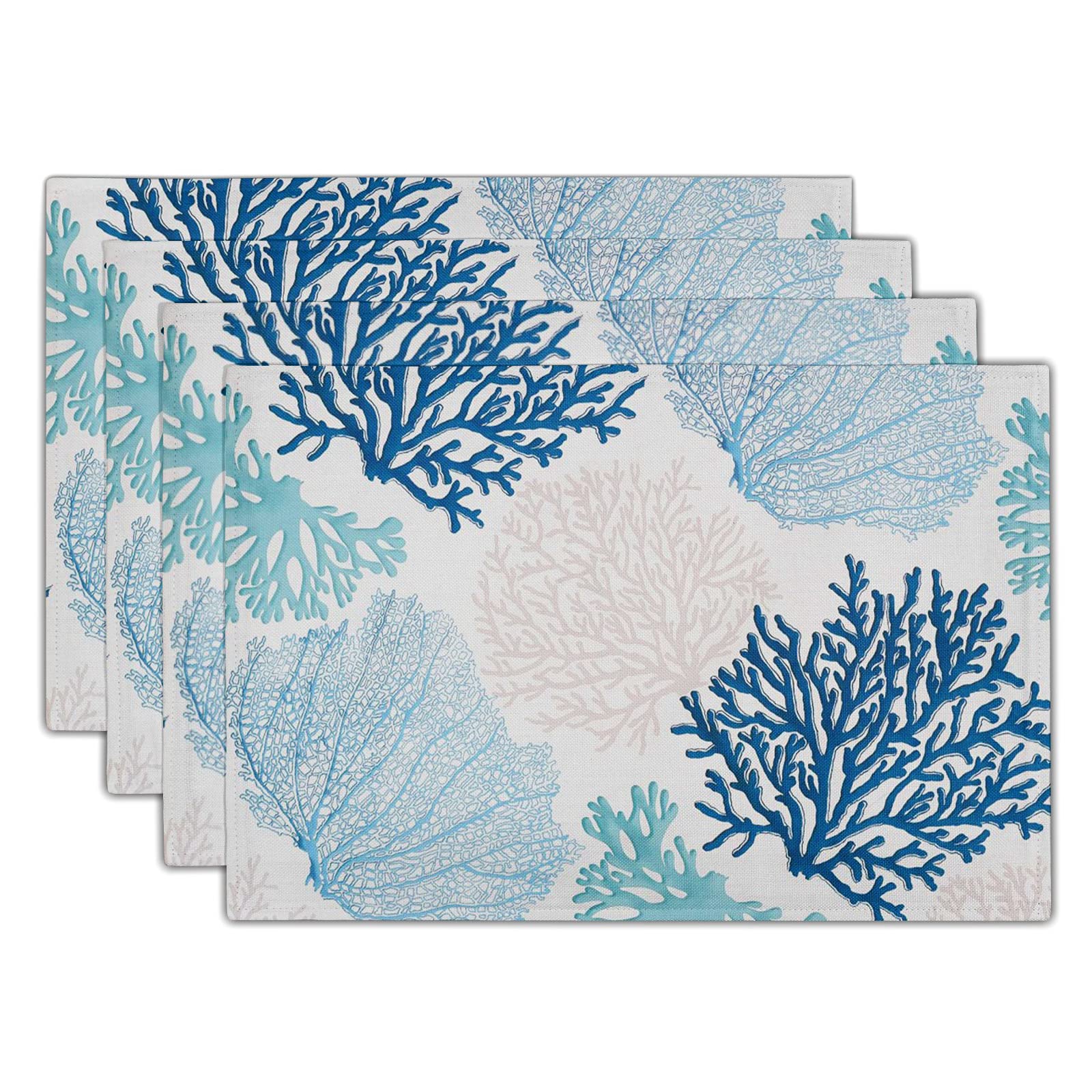 Giwawa Ocean Coral Placemats Set of 4 Summer Blue White Coral Reef Linen Table Place Mat Nautical Sea Marine Seaweed Heat-Resistant Place Mats for Dining Kitchen 12"x18" โ image 1