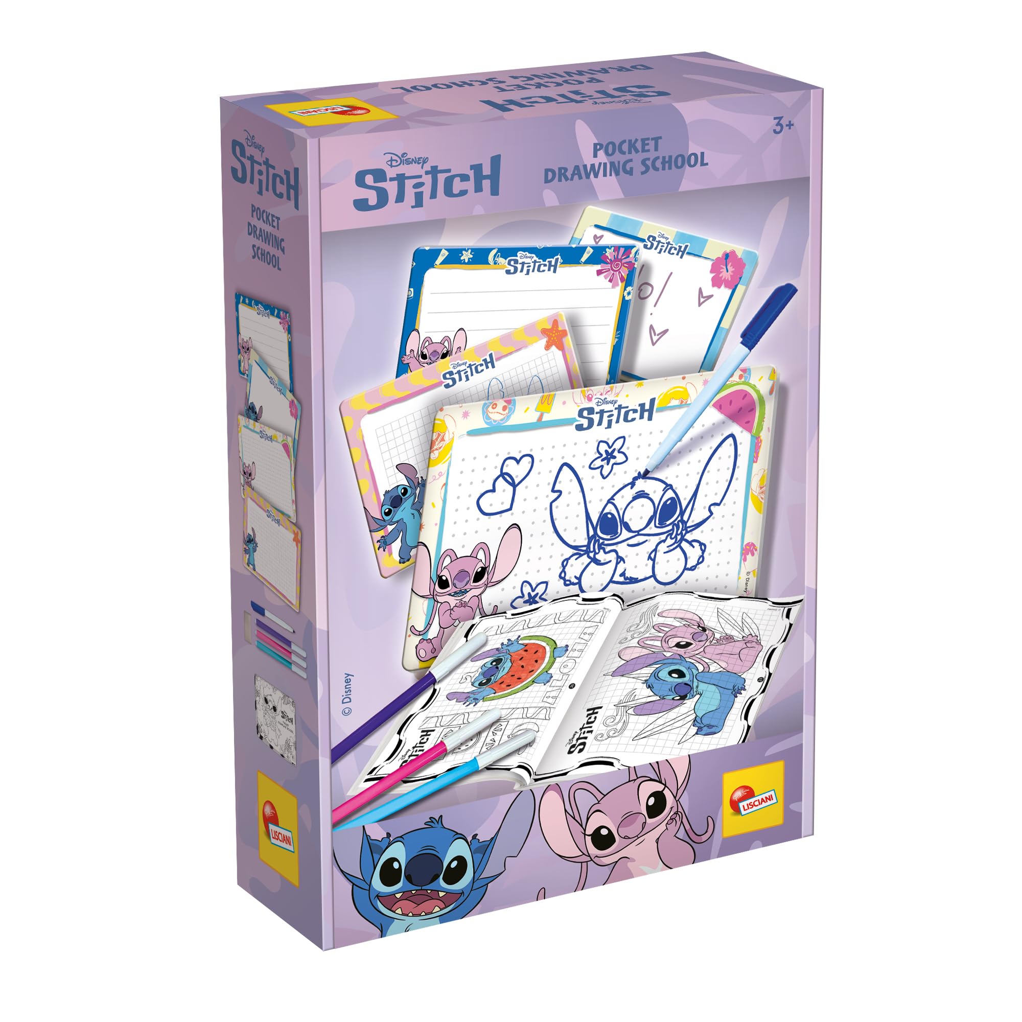 Lisciani - Disney Stitch Pocket Drawing School - Drawing Game for Children 3+ - Pre-Writing and Drawing Activity - Mini Erasable Boards & Markers - Pocket Activity Book for Drawing
