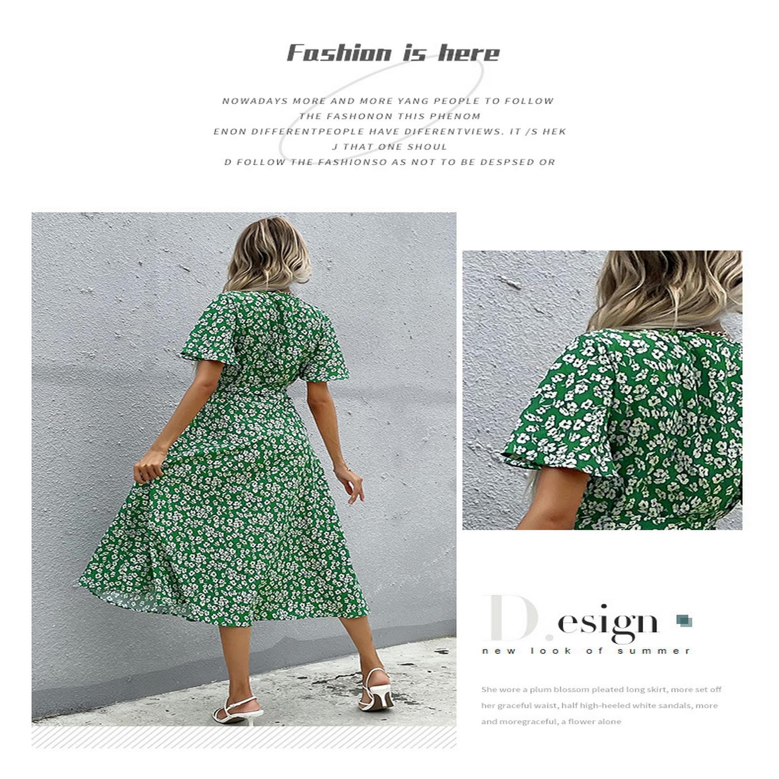 Vestido de verano casual con estampado floral para mujer, manga con volantes, cuello en V, manga corta, falda acampanada YYEFNMAZ
