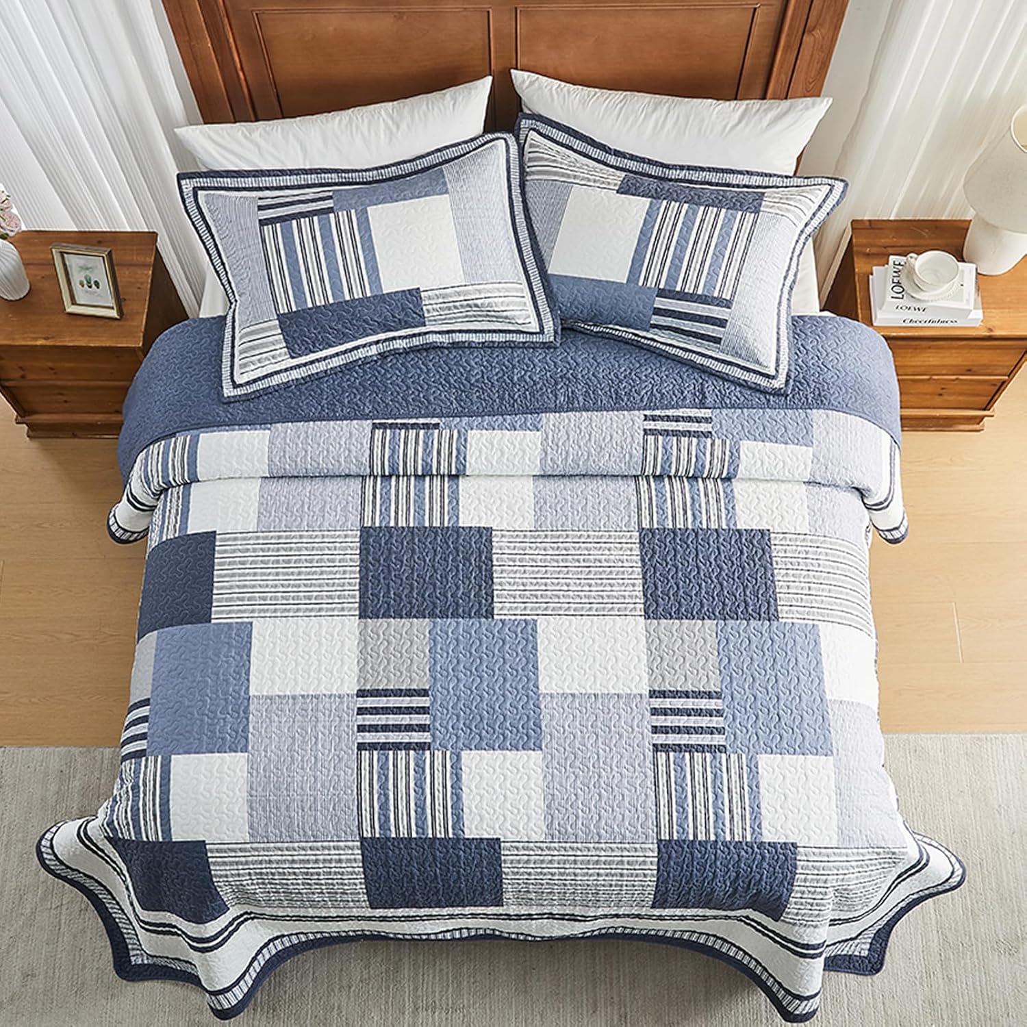 100% Cotton 120"x120" Oversized Quilt Bedspread, Plaid Patchwork California King Extra Large Quilt Bedding Set, Reversible Cal King XL Bed Spread Lightweight Comforter, Blue, 3Pcs