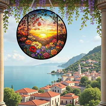 Sunset Glow Suncatcher, Nature Artistic Sun Catchers for Windows Hanging, Stained Glass Window Decor for Home Outdoor Wall Fence Decorations