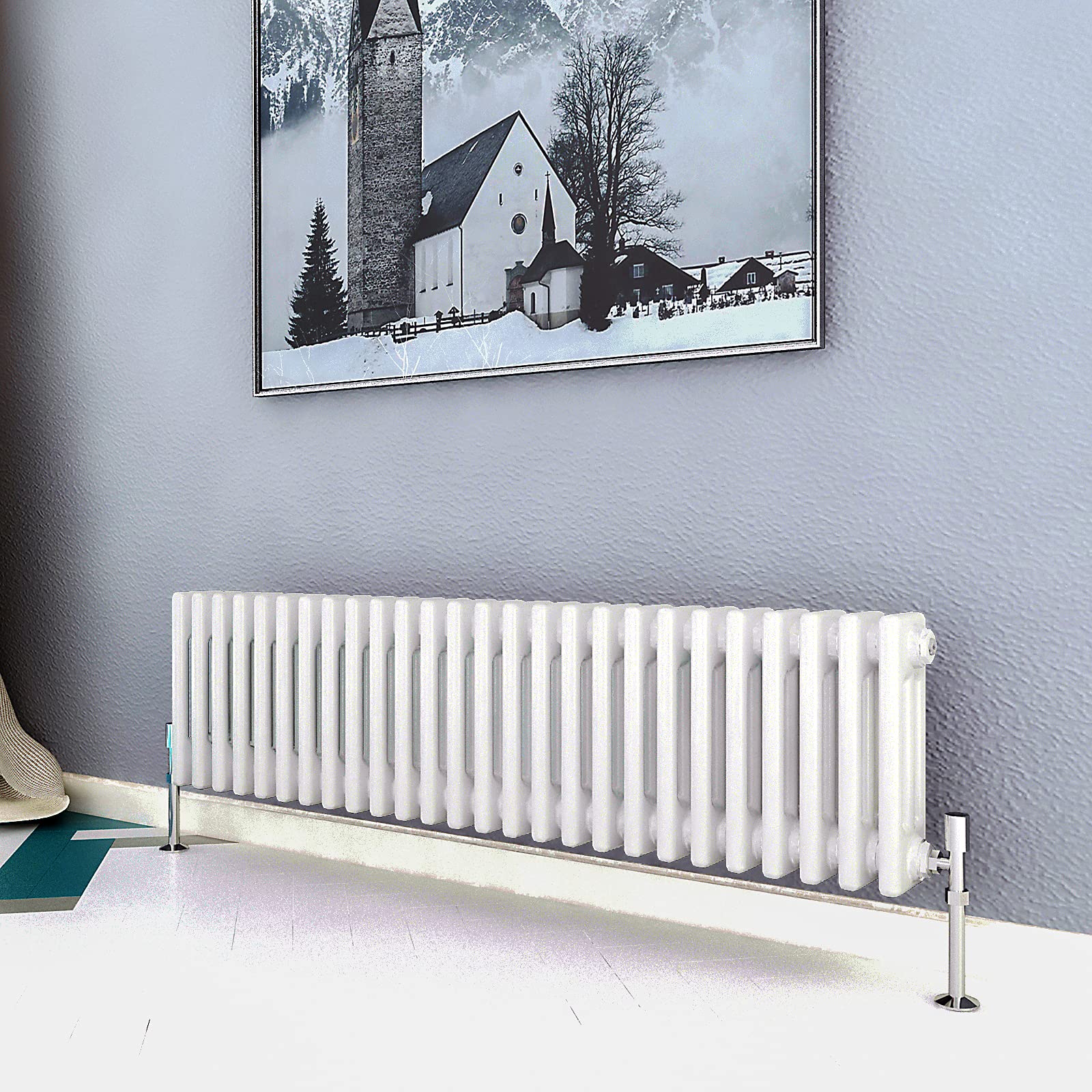 Acezanble∣3 Column Radiator, Horizontal 300mm White Wide Low Cast Iron Style Radiator Centre Heating for Window Hallway