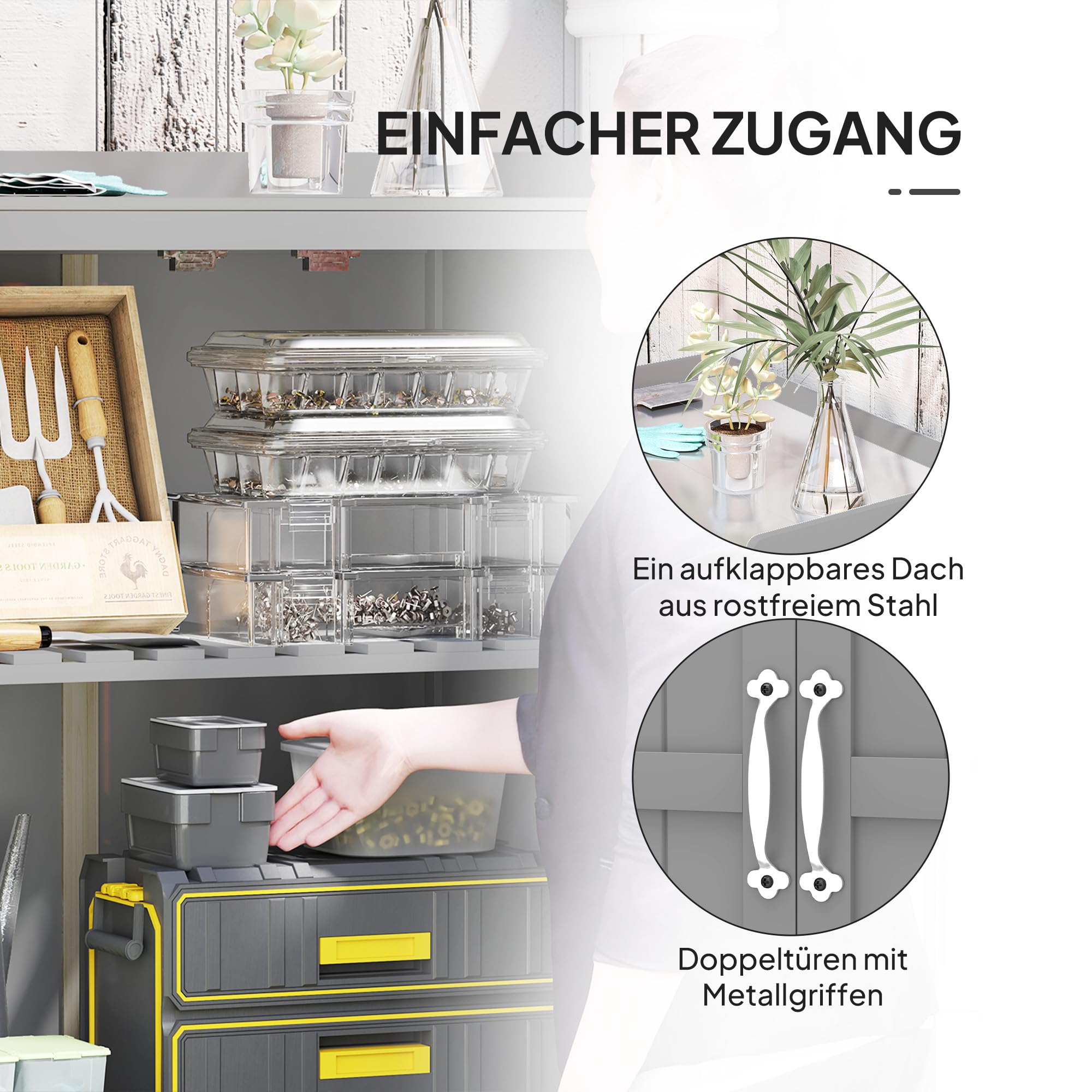 Outsunny Gartenschrank Holz wetterfest 74x43x88cm Gerätehaus mit Klappdach Ablagen Arbeitsfläche Grau