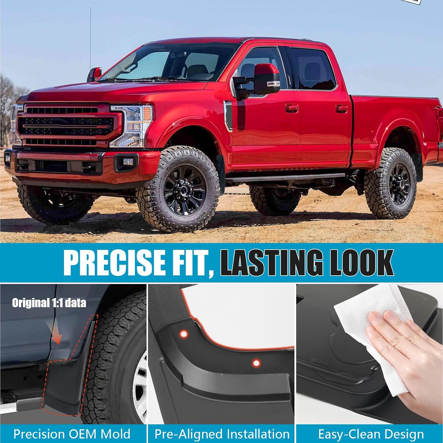 Mud Flaps for 2017-2024 Ford F-250/F-350 Super Duty Without Fender Flares (Single Rear Wheels) Accessories, No Drill Wheel Splash Guards Mud Guards Exteriores Body Kit, Front & Rear 4pcs