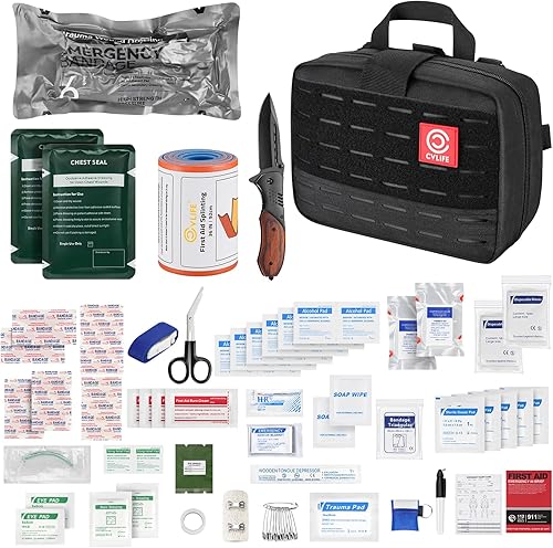 CVLIFE Kit de primeros auxilios de supervivencia de emergencia con bolsa táctica, cuidado integral del trauma, ideal para automóvil, campamento,