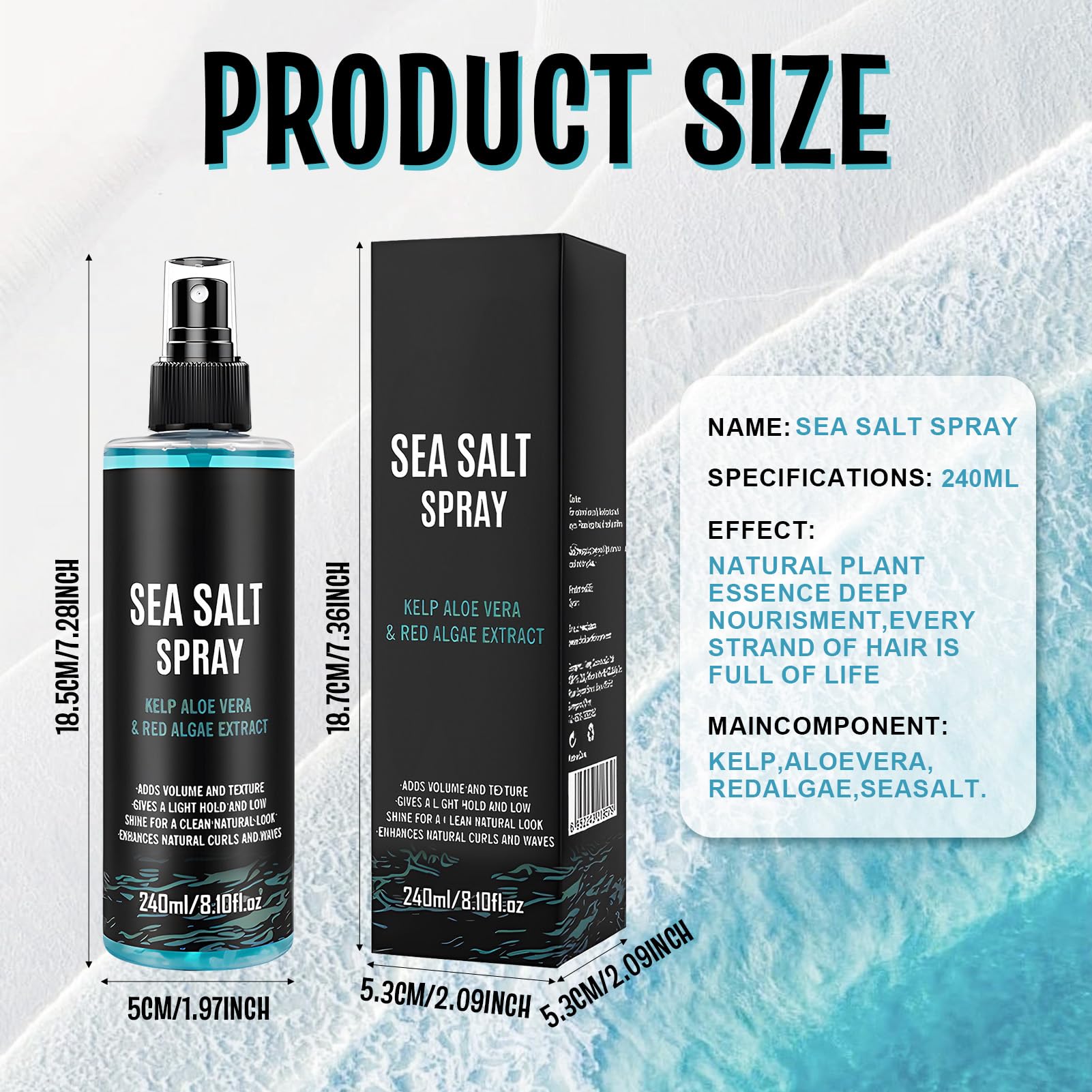 Spray Salino al Sale Marino, Acqua Marina per Capelli Uomo, Salt Spray Hair, Sea Salt Spray, Aggiunti Estratti di Alghe, Alghe Rosse e Aloe Vera, 240 ML