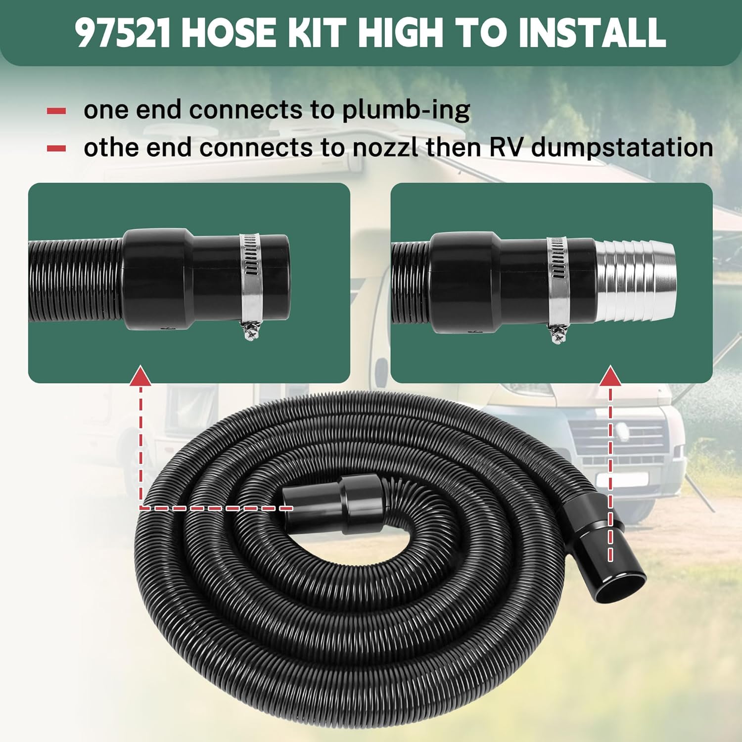 97521 Ustinian 21FT RV Macerator Hose Kit for Thetford Sani-Con Turbo 400S 500S 600S 700S, 1-1/2 Inch Black Waste Water Sewage Hose with Quick-Connect Fittings
