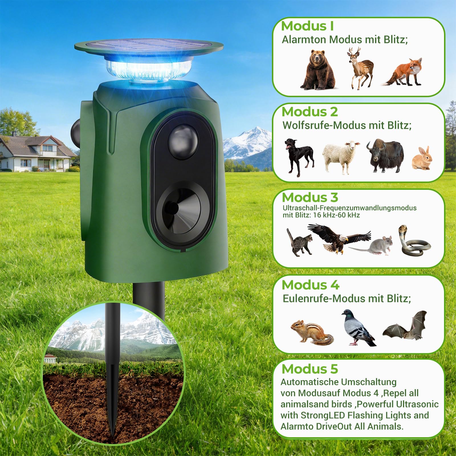 Katzenschreck, katzenschreck für Garten 360° Marderschreck mit LED-Licht, Katzenabwehr Marderabwehr Garten IP65 Wasserdicht 5 Modus Waschbär Abwehr für Hunden vertreiben