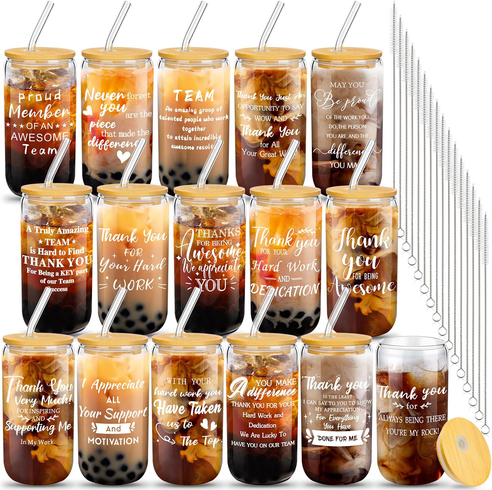Lemosae 16 Set Thank You Gifts Employee Appreciation Gifts 16 oz Can Shaped Beer Glass with Lids Straws Brushes for Teachers Nurses Staff Coworkers(Gratitude)