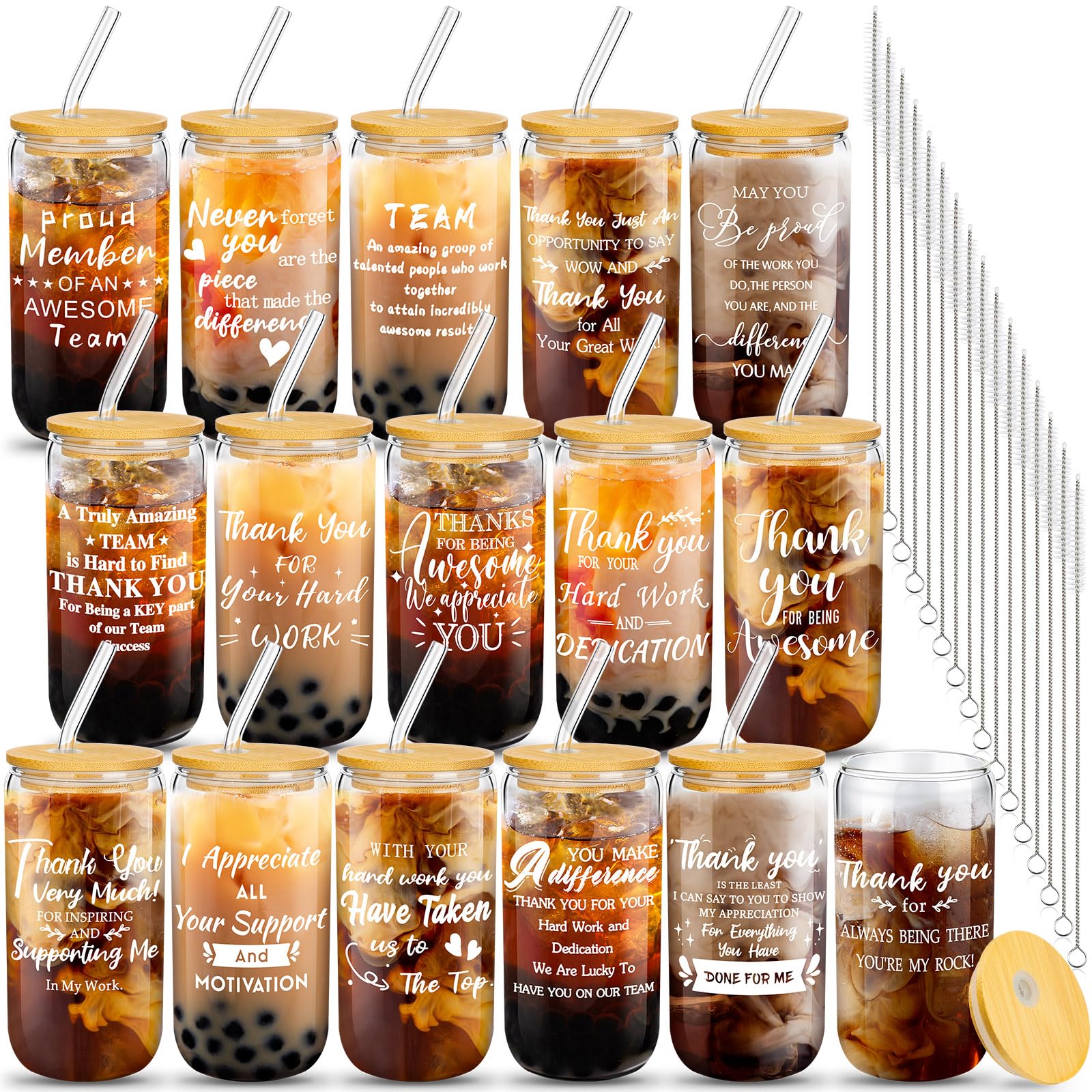 Lemosae 16 Set Thank You Gifts Employee Appreciation Gifts 16 oz Can Shaped Beer Glass with Lids Straws Brushes for Teachers Nurses Staff Coworkers(Gratitude)