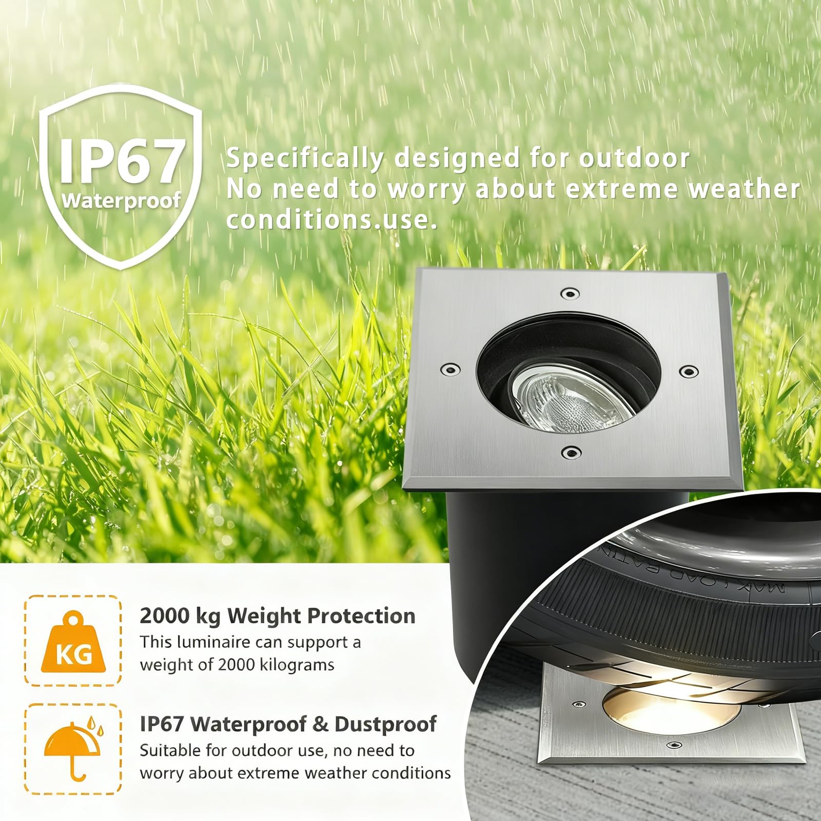 JNR Edelstahl Bodenstrahler Außen IP67 Wasserdicht 230V, Silber 4 Pack | Schwenkbar LED Licht, Bodeneinbaustrahler Aussen mit 5W GU10 3000K Glühbirne, Bodenleuchten Gartenbeleuchtung mit Strom
