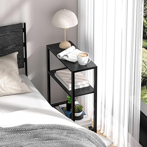 Miniatura 4 de Mesa auxiliar estrecha para espacios pequeños, mesa auxiliar pequeña de 2 niveles con soporte para estantes, mesita de noche delgada, mesa de sofá