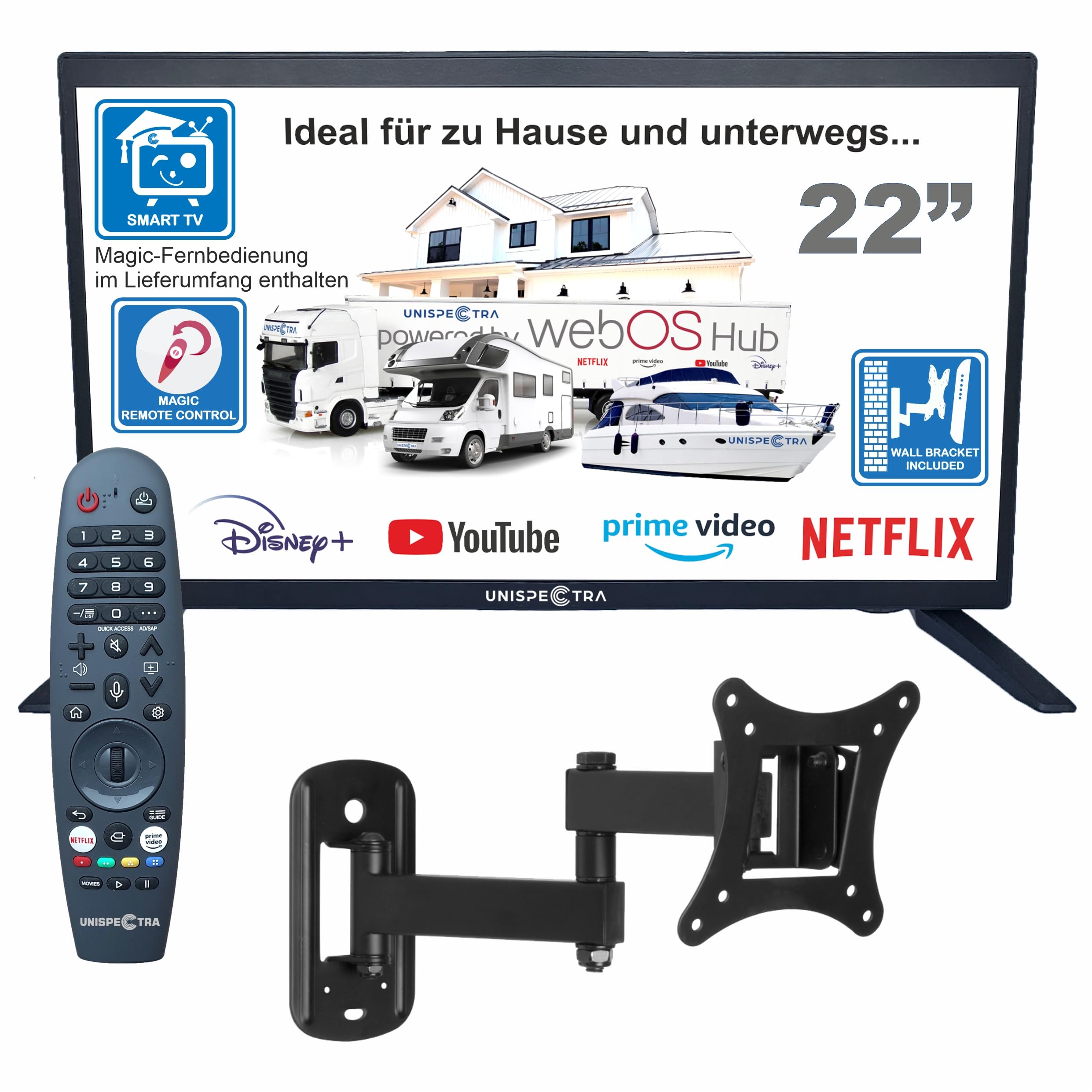 Unispectra ® 22“ Smart TV (webOS) mit Magic-Fernbedienung Full HD 230V 24V Triple Tuner: Satellit, Antenne, Kabel TV. 12V Fernseher für Wohnmobile, Wohnwagen, LKWs, Boote