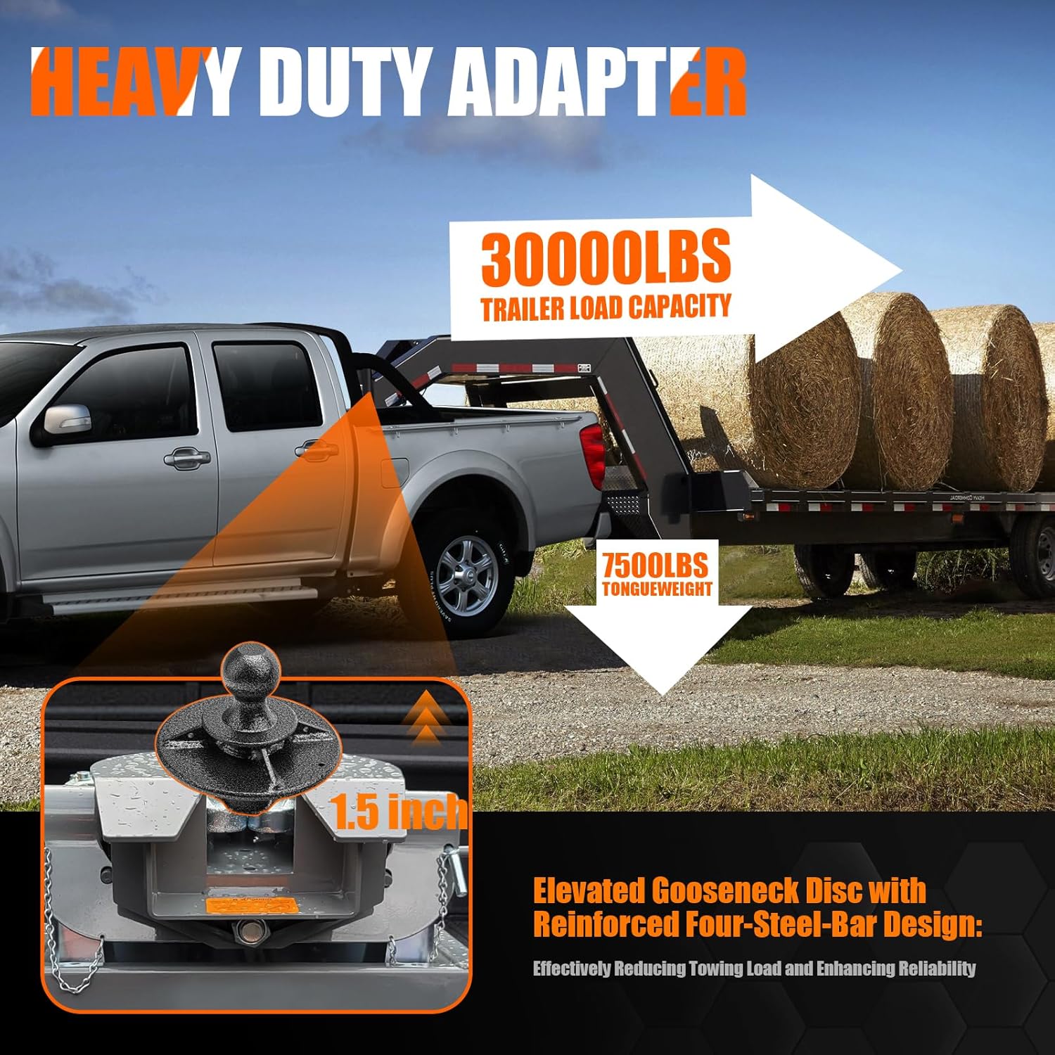 Kingpin to Gooseneck Ball Adapter 1.5" Raised Reinforced Rib for 2-5/16'' Fifth Wheel Gooseneck Ball Hitch Adapter, Fit for Tractor, Load Capacity 38,000 lbs, Replace#2085295 with Four Washer