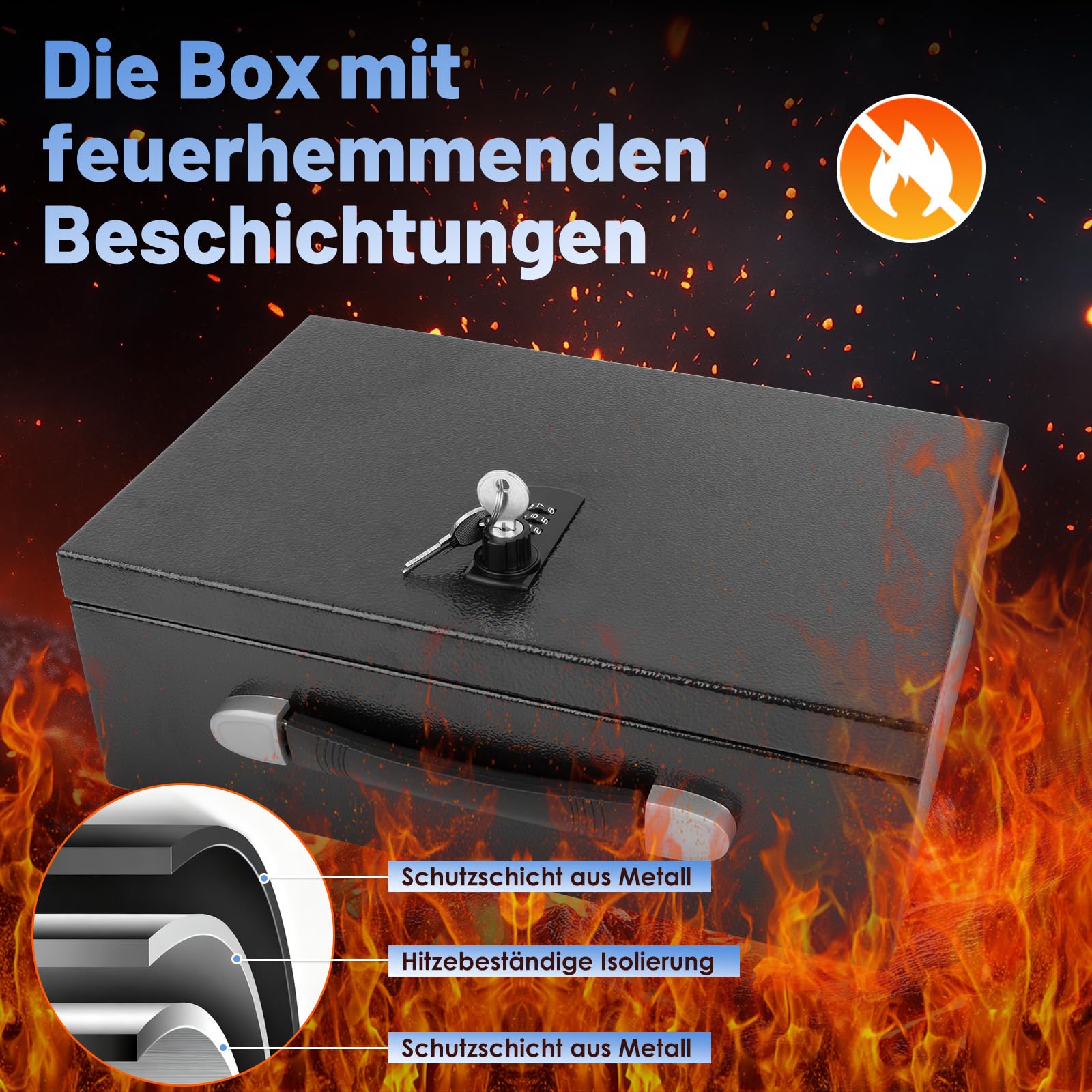 Tragbarer Safe Tresor, 20L Feuerfeste Dokumentenbox mit Griff, Tresor Feuerfest mit Zahlenschloss & Schlüsseln, Wasserdichter Sicherheitsbox für Bargeld Schmuck A4 Dokumente, 32,5 x 21.3 x 11.4 cm